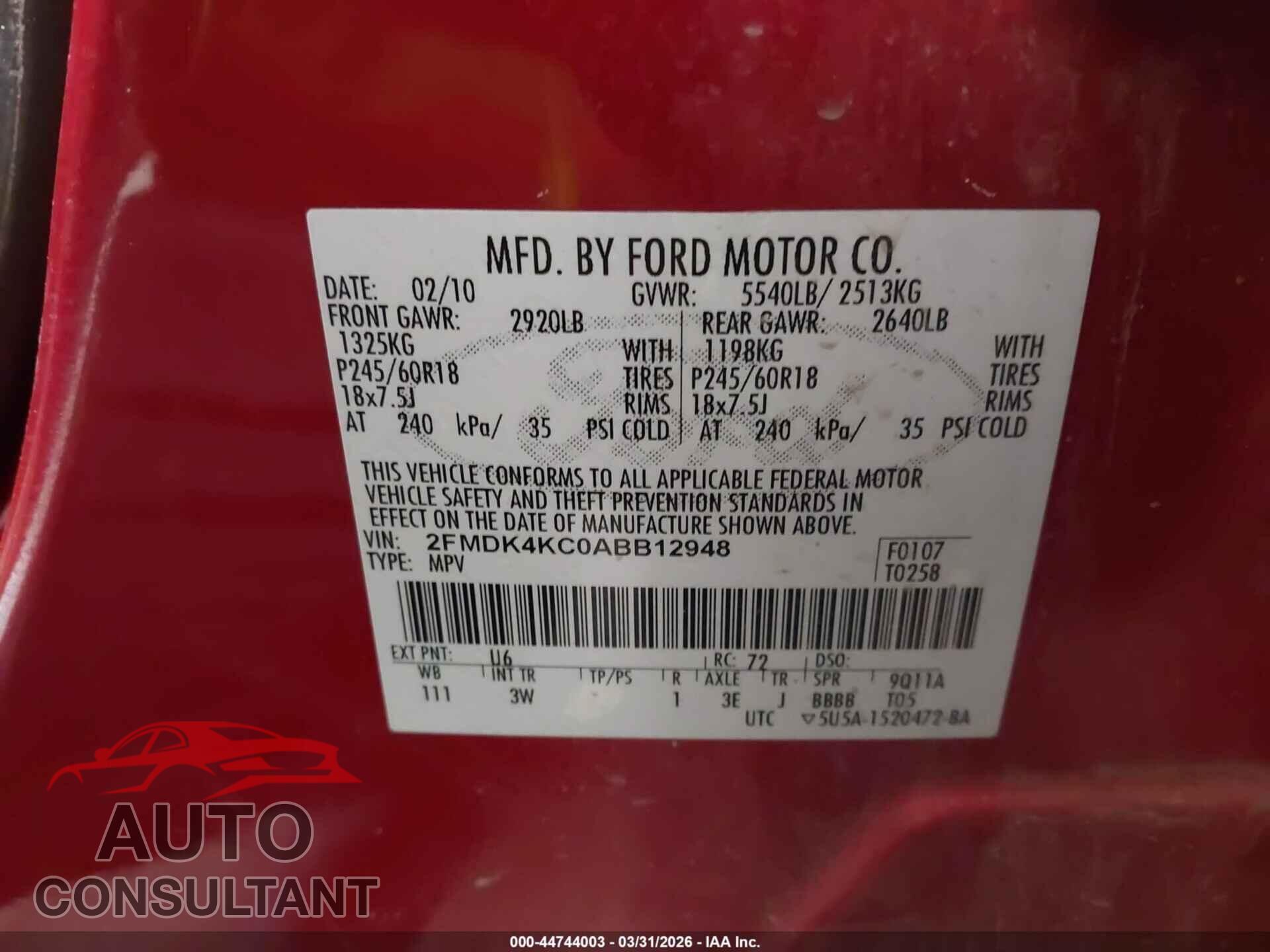 FORD EDGE 2010 - 2FMDK4KC0ABB12948