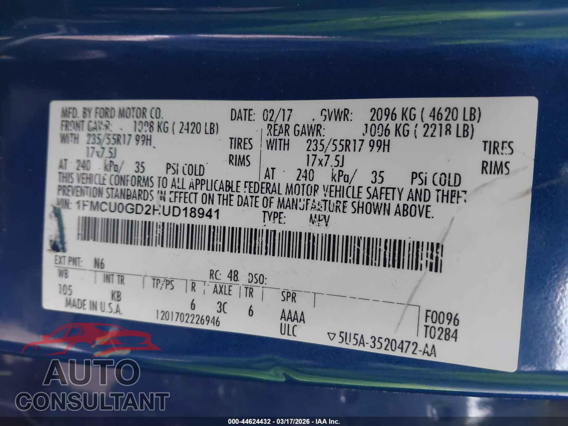 FORD ESCAPE 2017 - 1FMCU0GD2HUD18941