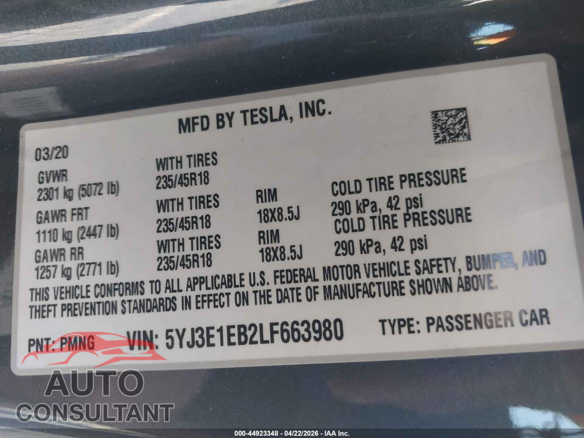 TESLA MODEL 3 2020 - 5YJ3E1EB2LF663980