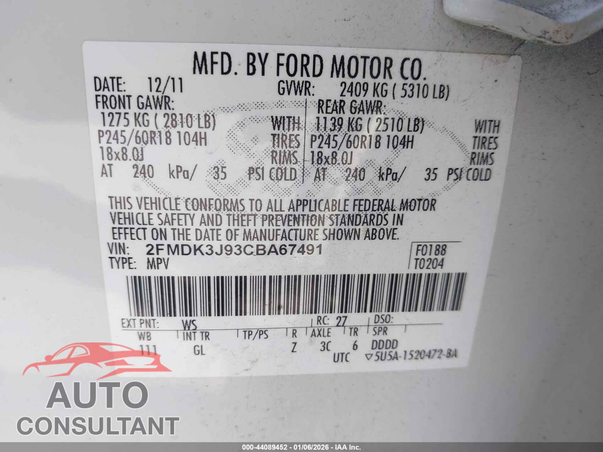 FORD EDGE 2012 - 2FMDK3J93CBA67491