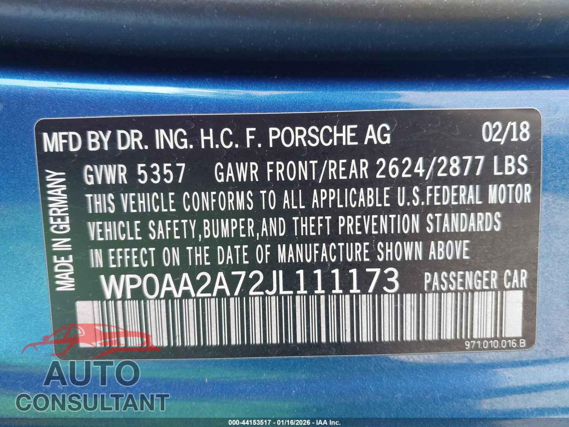 PORSCHE PANAMERA 2018 - WP0AA2A72JL111173