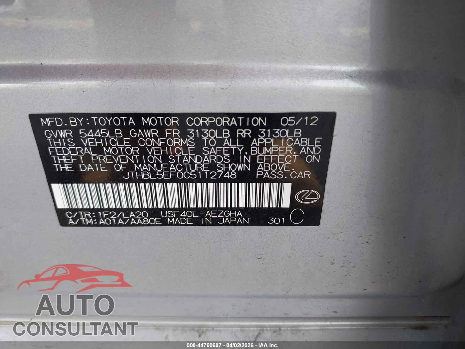 LEXUS LS 460 2012 - JTHBL5EF0C5112748