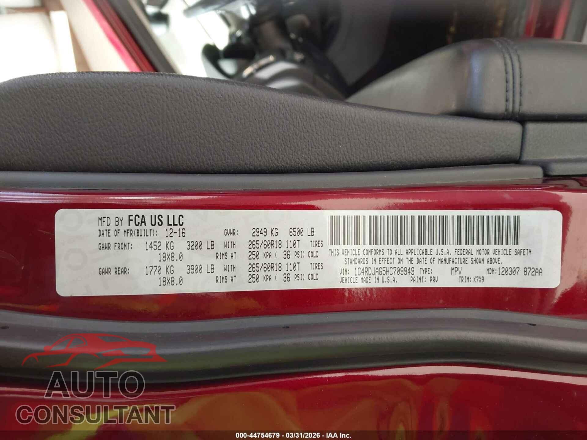 DODGE DURANGO 2017 - 1C4RDJAG5HC709949