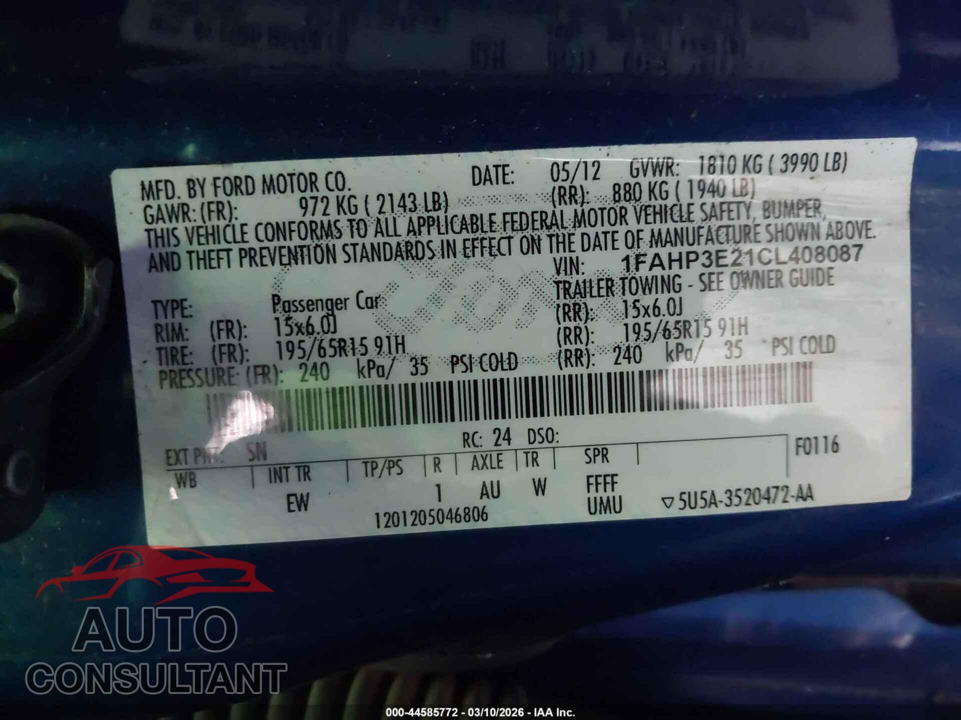 FORD FOCUS 2012 - 1FAHP3E21CL408087