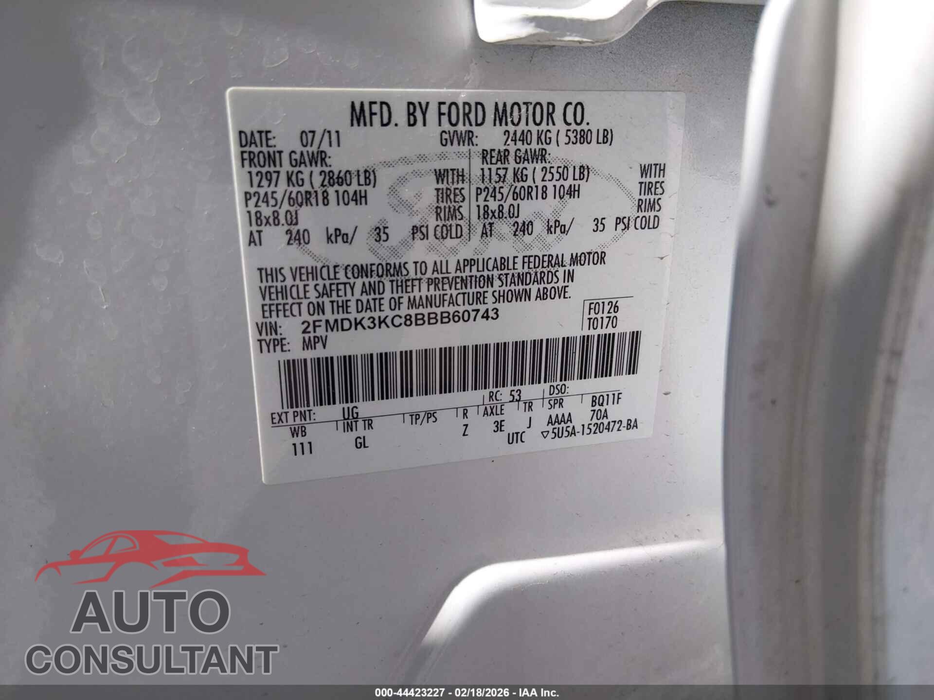 FORD EDGE 2011 - 2FMDK3KC8BBB60743