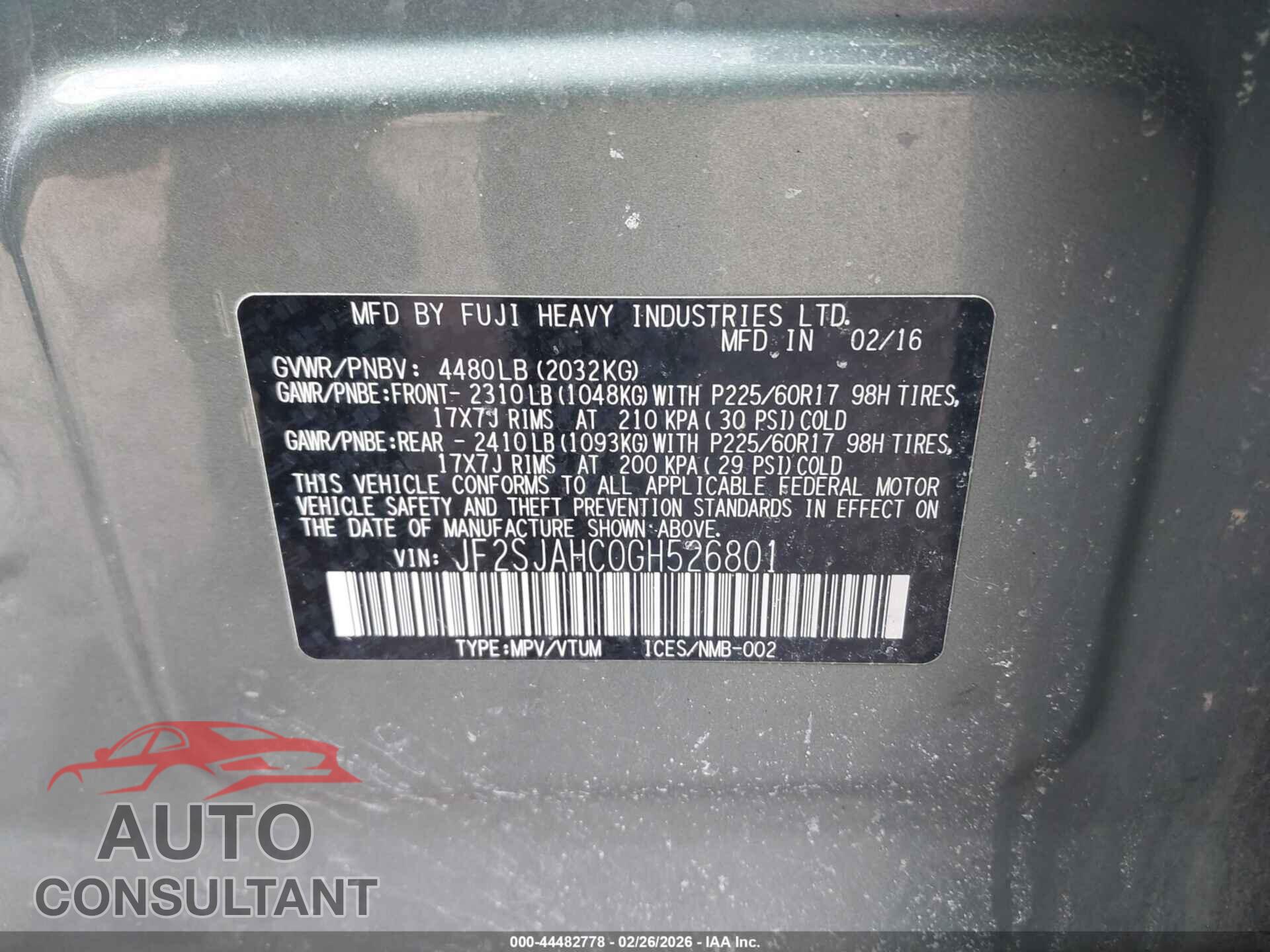 SUBARU FORESTER 2016 - JF2SJAHC0GH526801