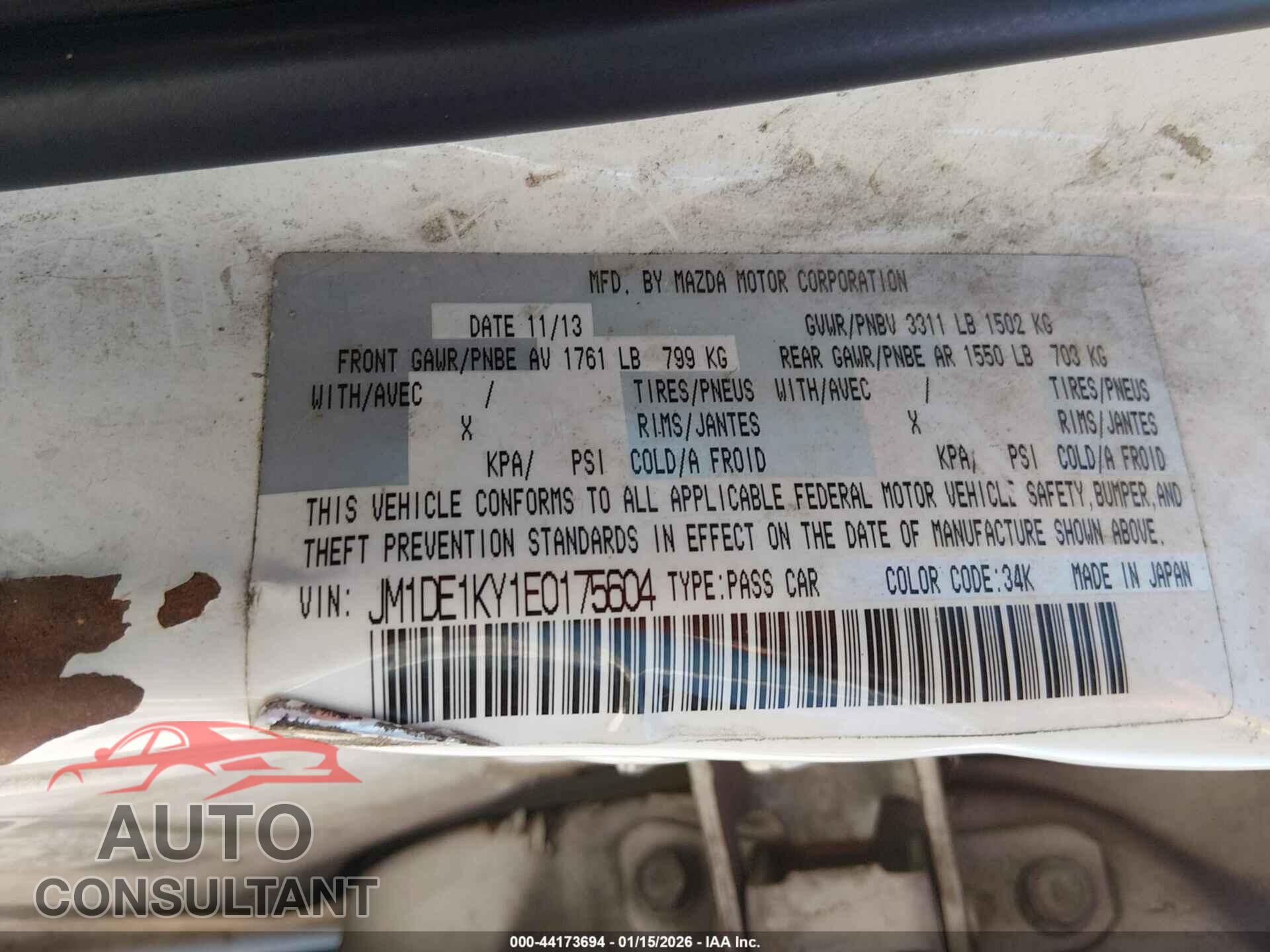 MAZDA MAZDA2 2014 - JM1DE1KY1E0175604