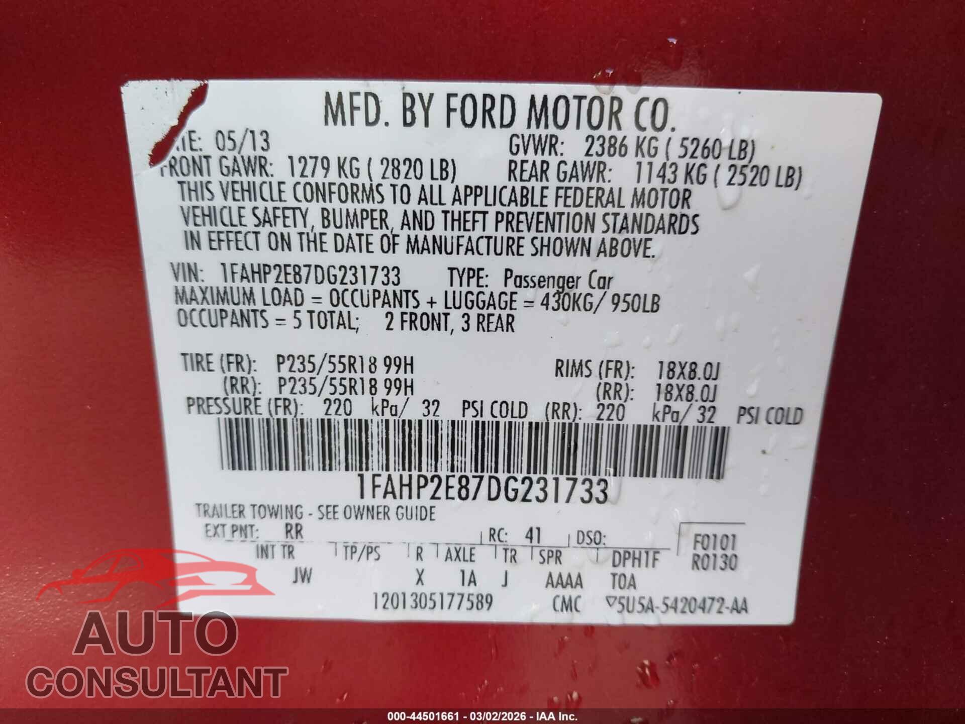 FORD TAURUS 2013 - 1FAHP2E87DG231733