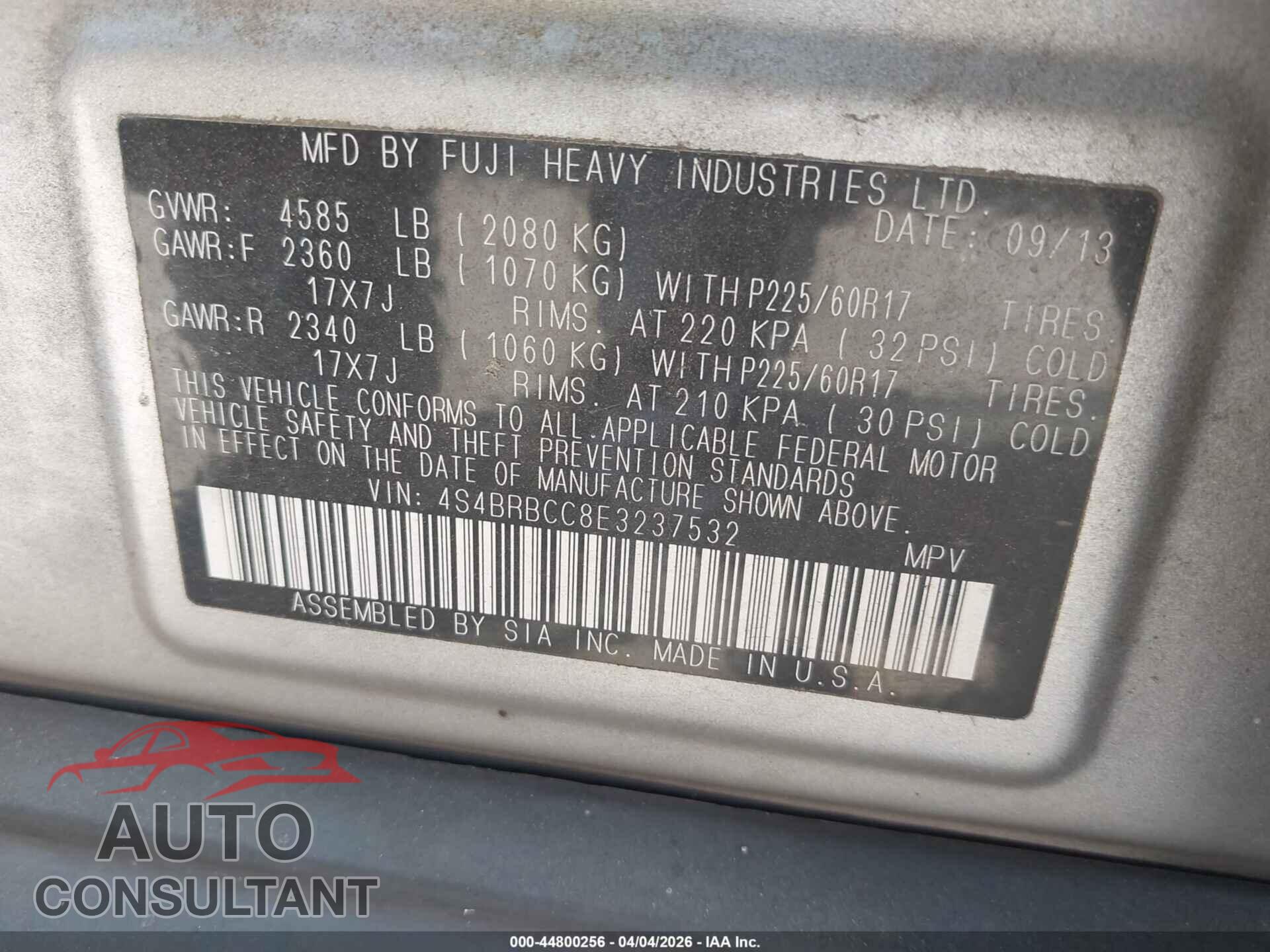 SUBARU OUTBACK 2014 - 4S4BRBCC8E3237532