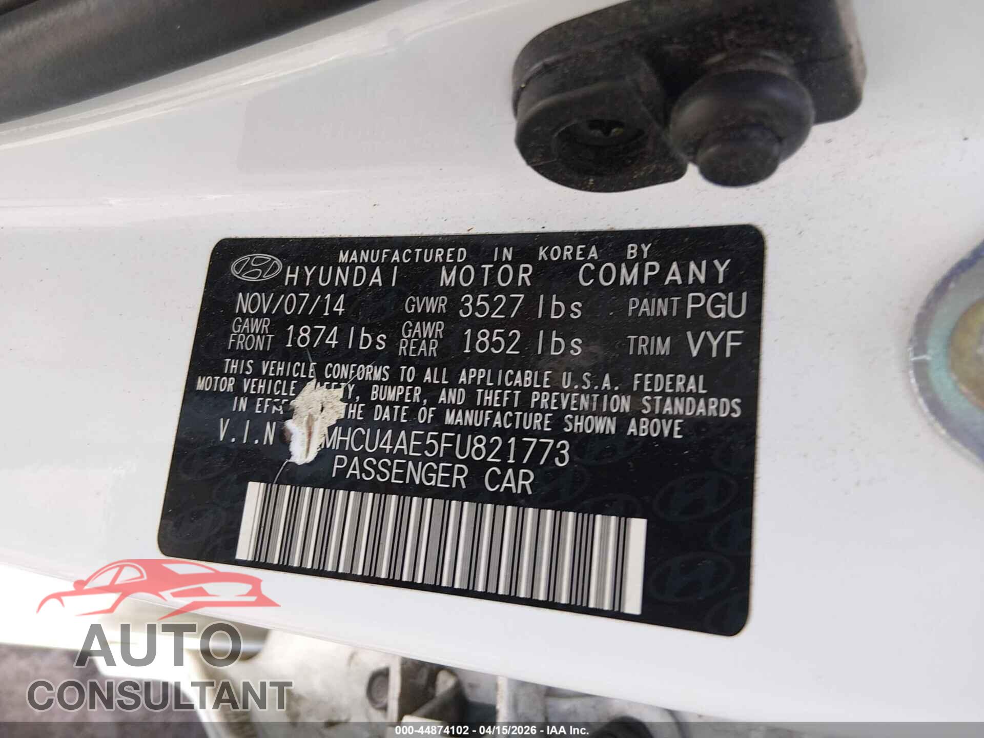 HYUNDAI ACCENT 2015 - KMHCU4AE5FU821773