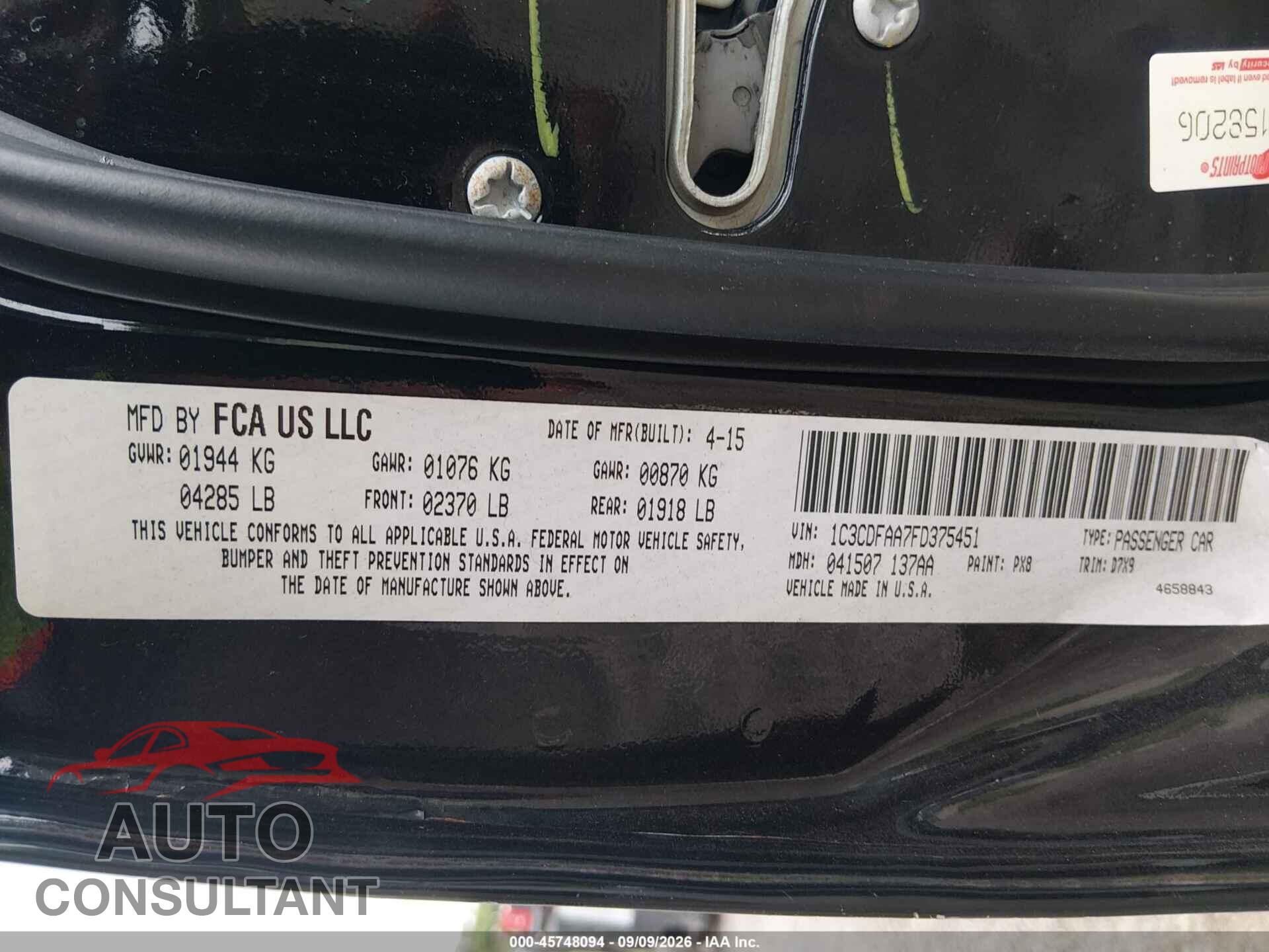 DODGE DART 2015 - 1C3CDFAA7FD375451