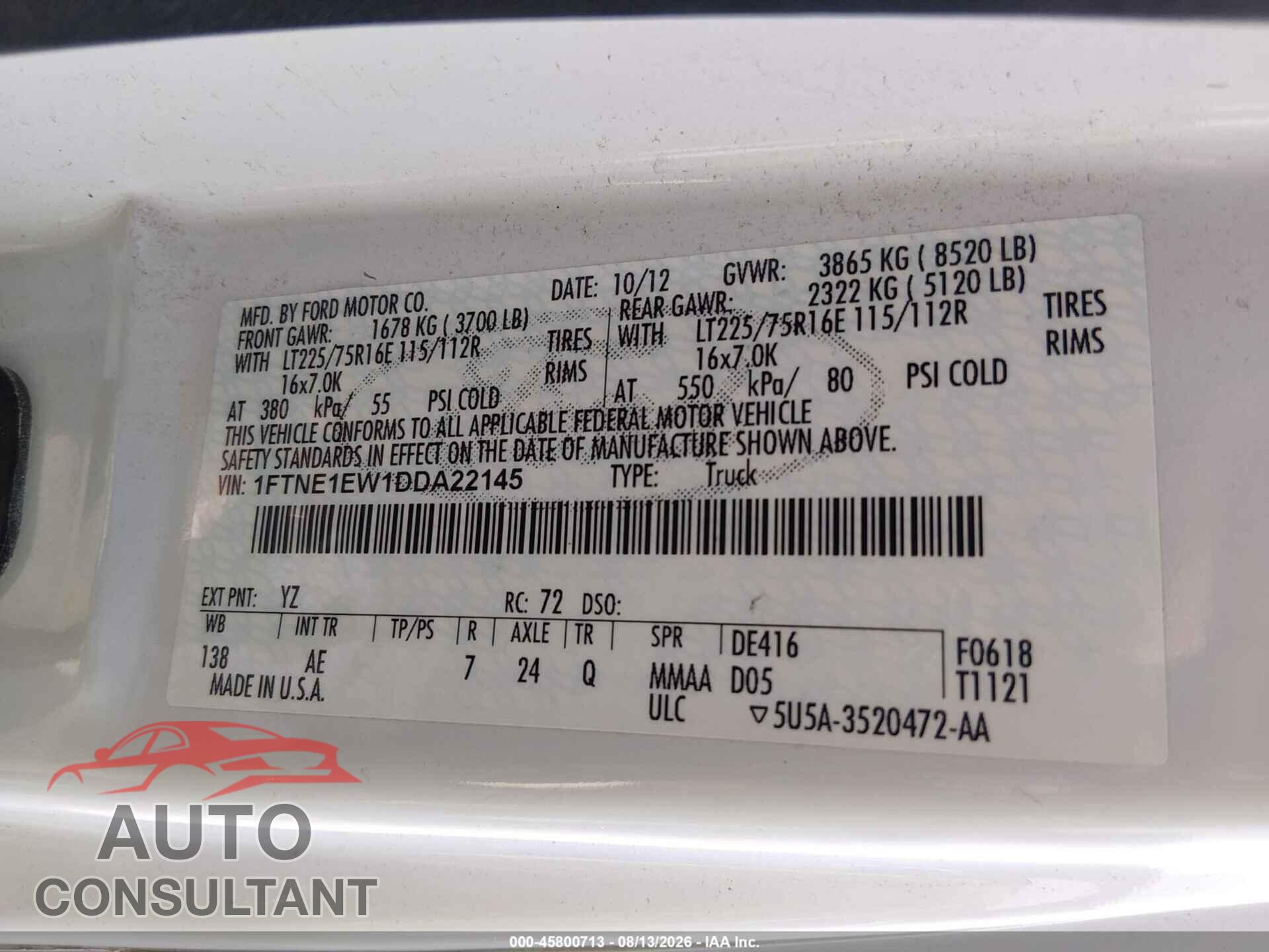 FORD E-150 2013 - 1FTNE1EW1DDA22145