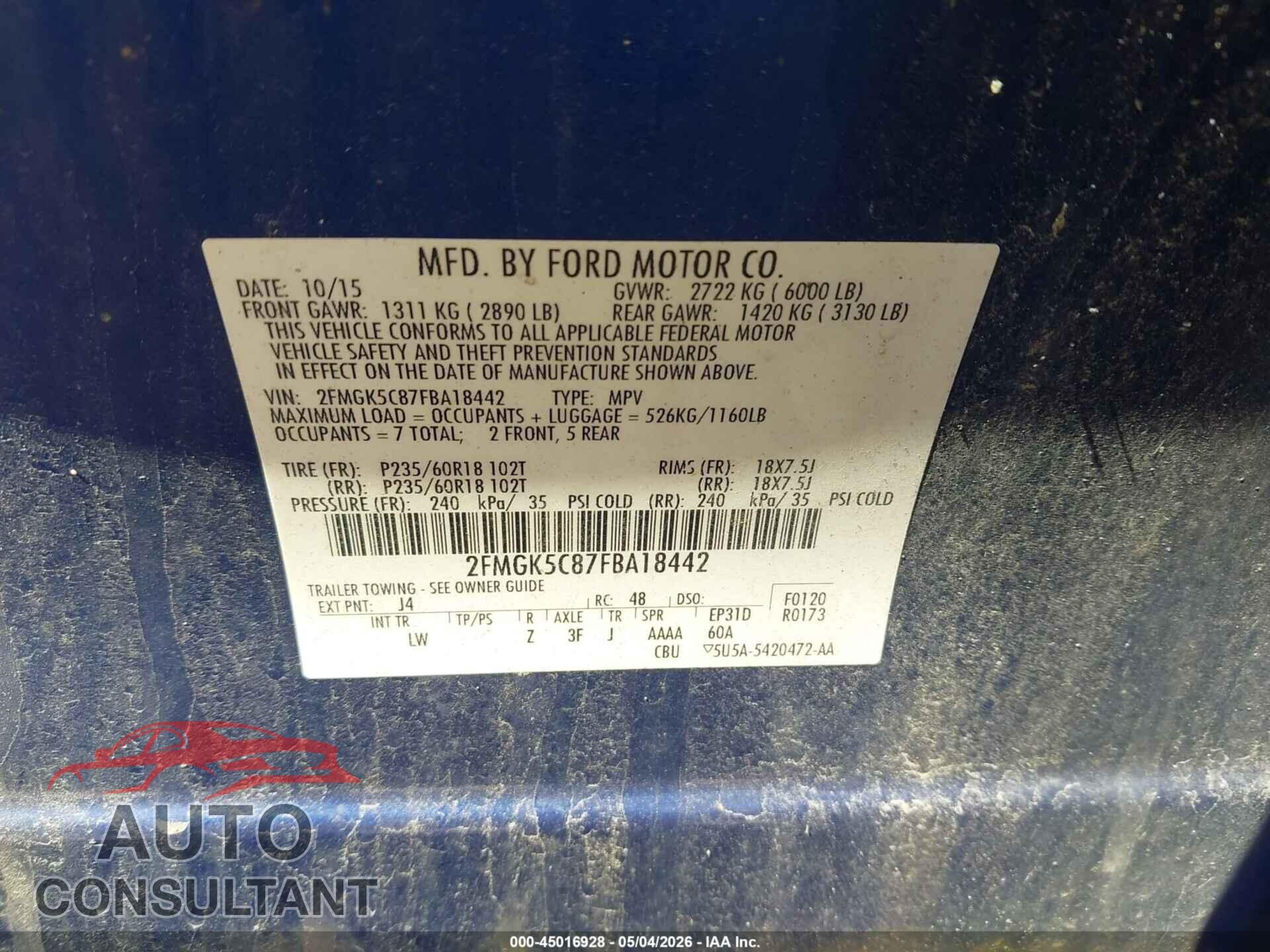 FORD FLEX 2015 - 2FMGK5C87FBA18442