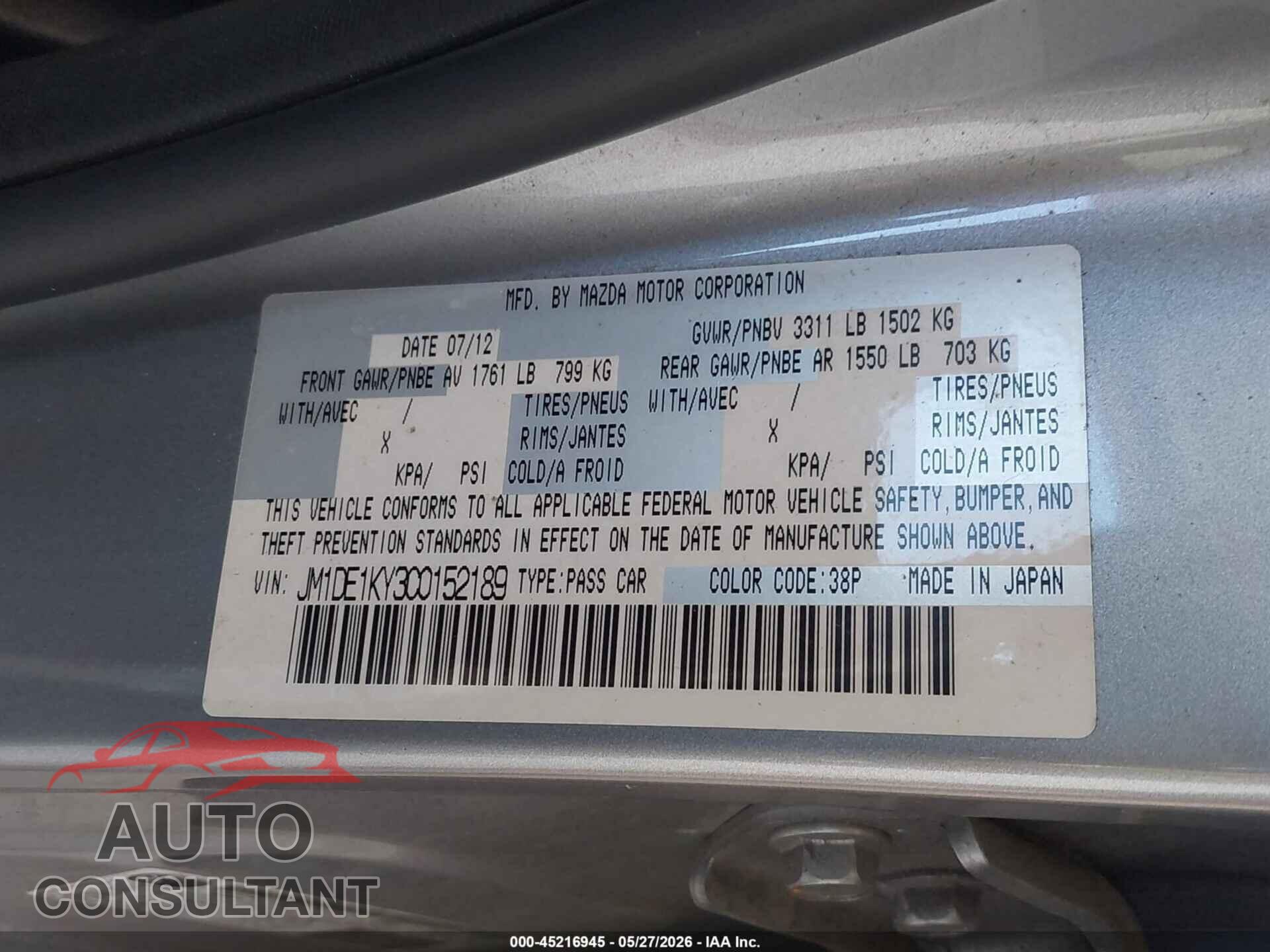 MAZDA MAZDA2 2012 - JM1DE1KY3C0152189