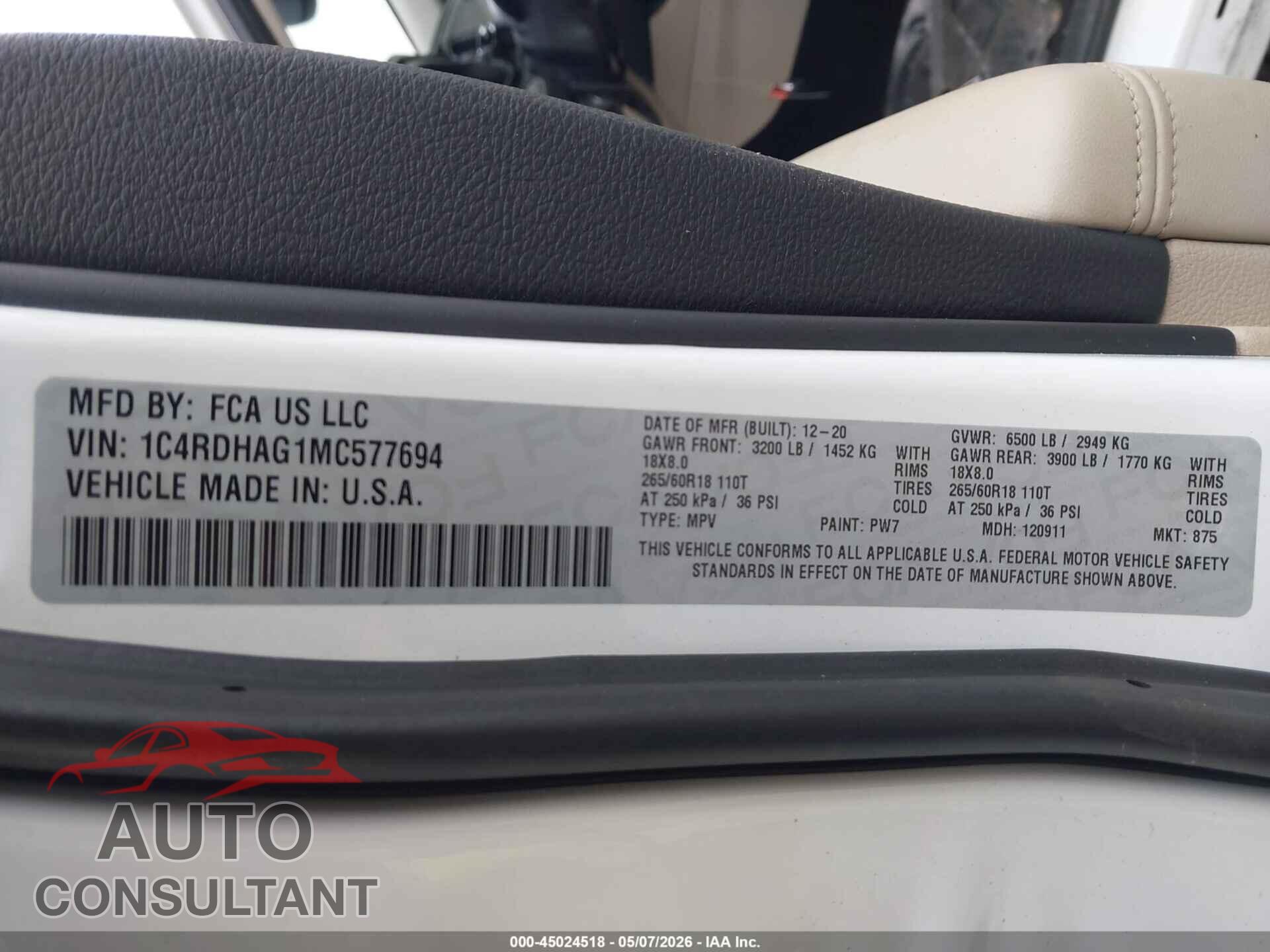 DODGE DURANGO 2021 - 1C4RDHAG1MC577694
