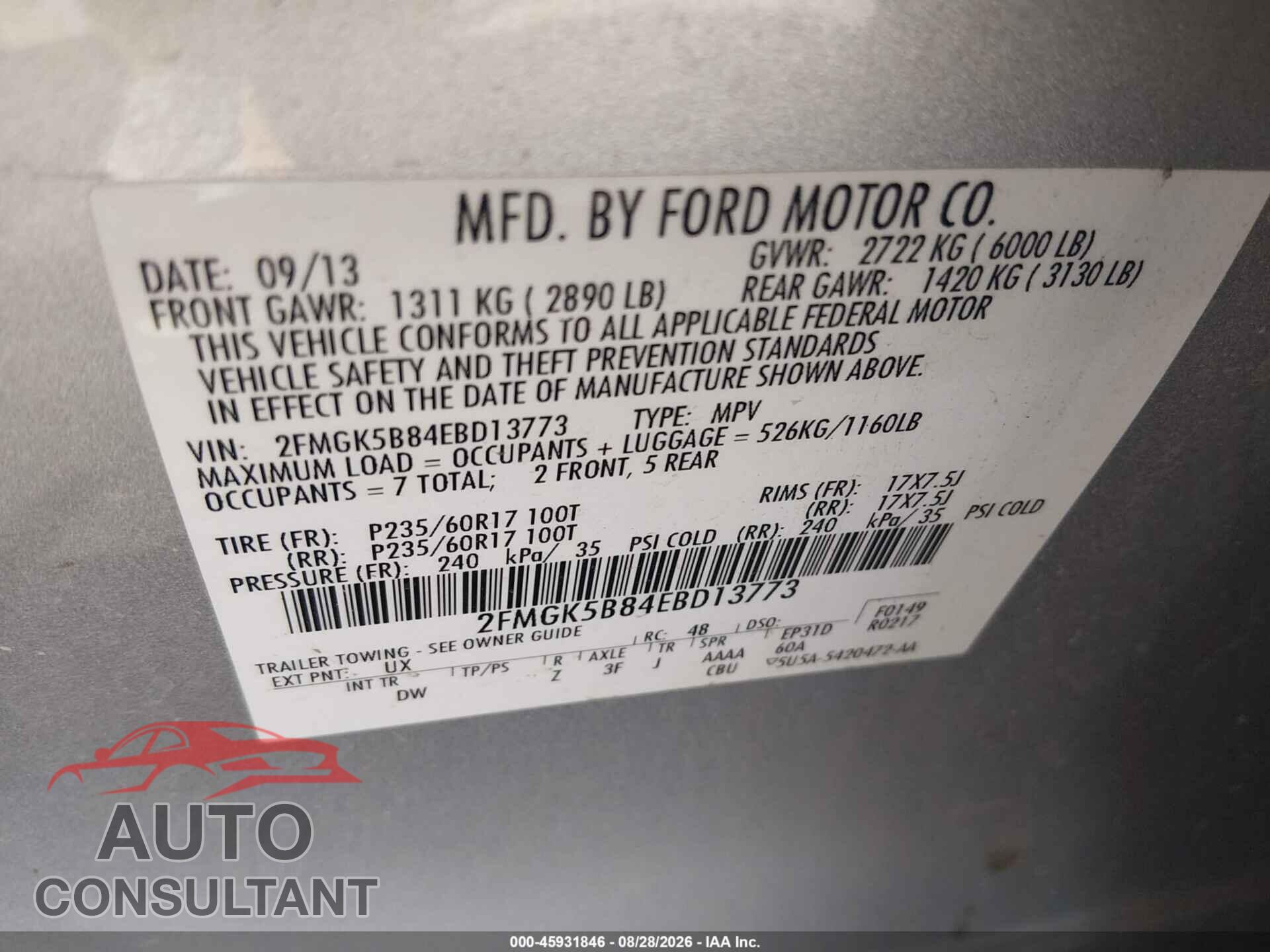 FORD FLEX 2014 - 2FMGK5B84EBD13773