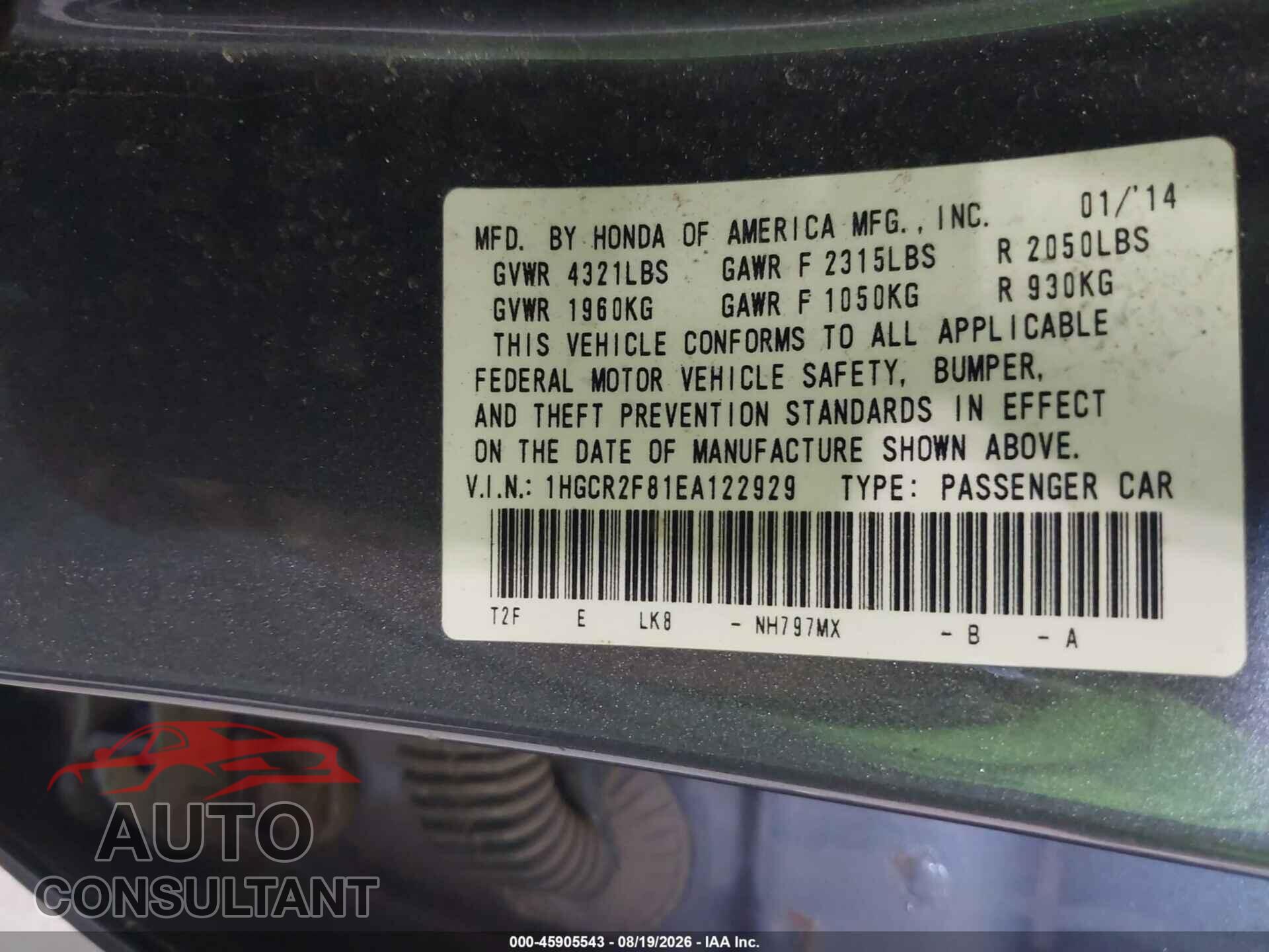 HONDA ACCORD 2014 - 1HGCR2F81EA122929