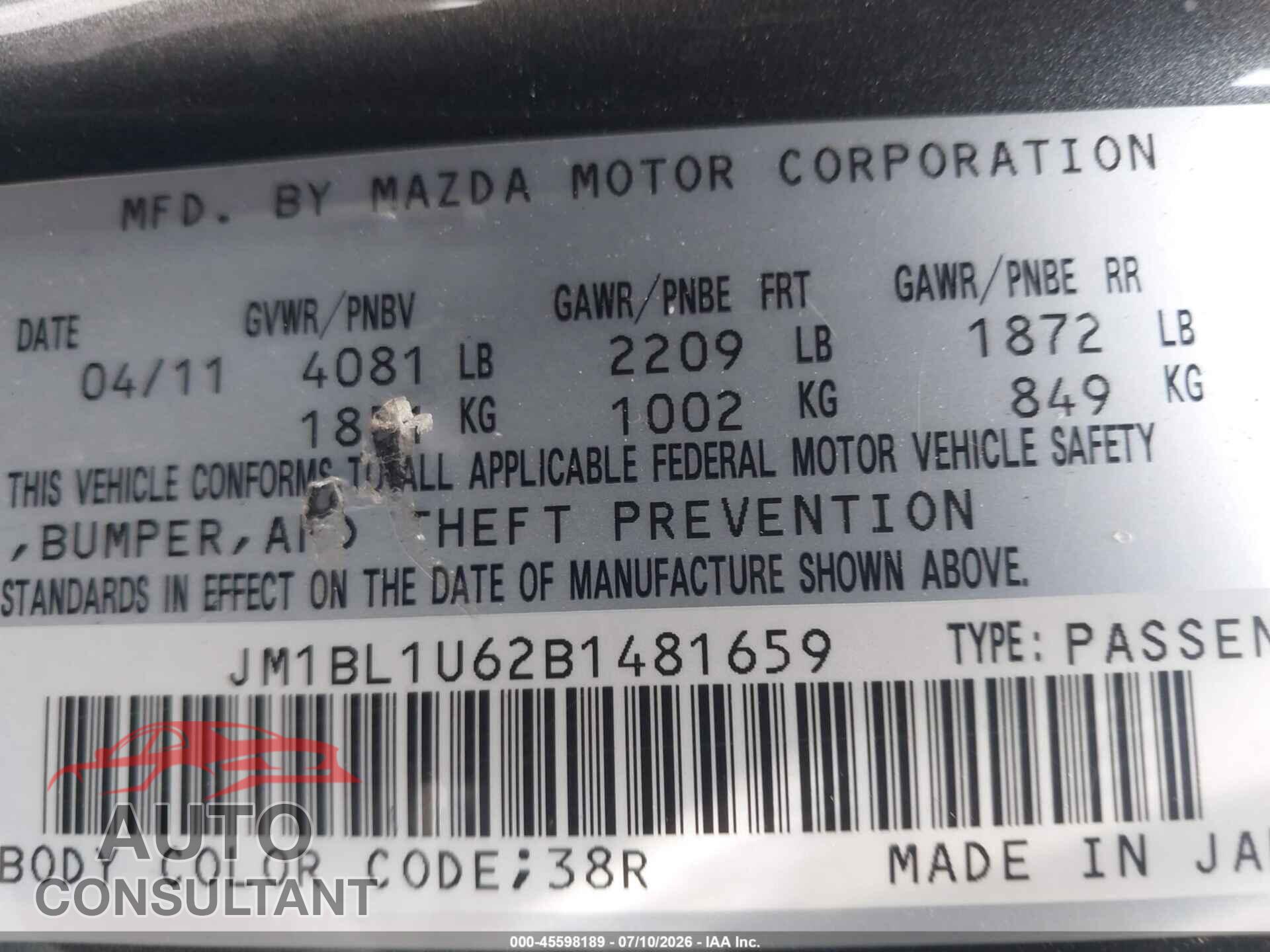 MAZDA MAZDA3 2011 - JM1BL1U62B1481659