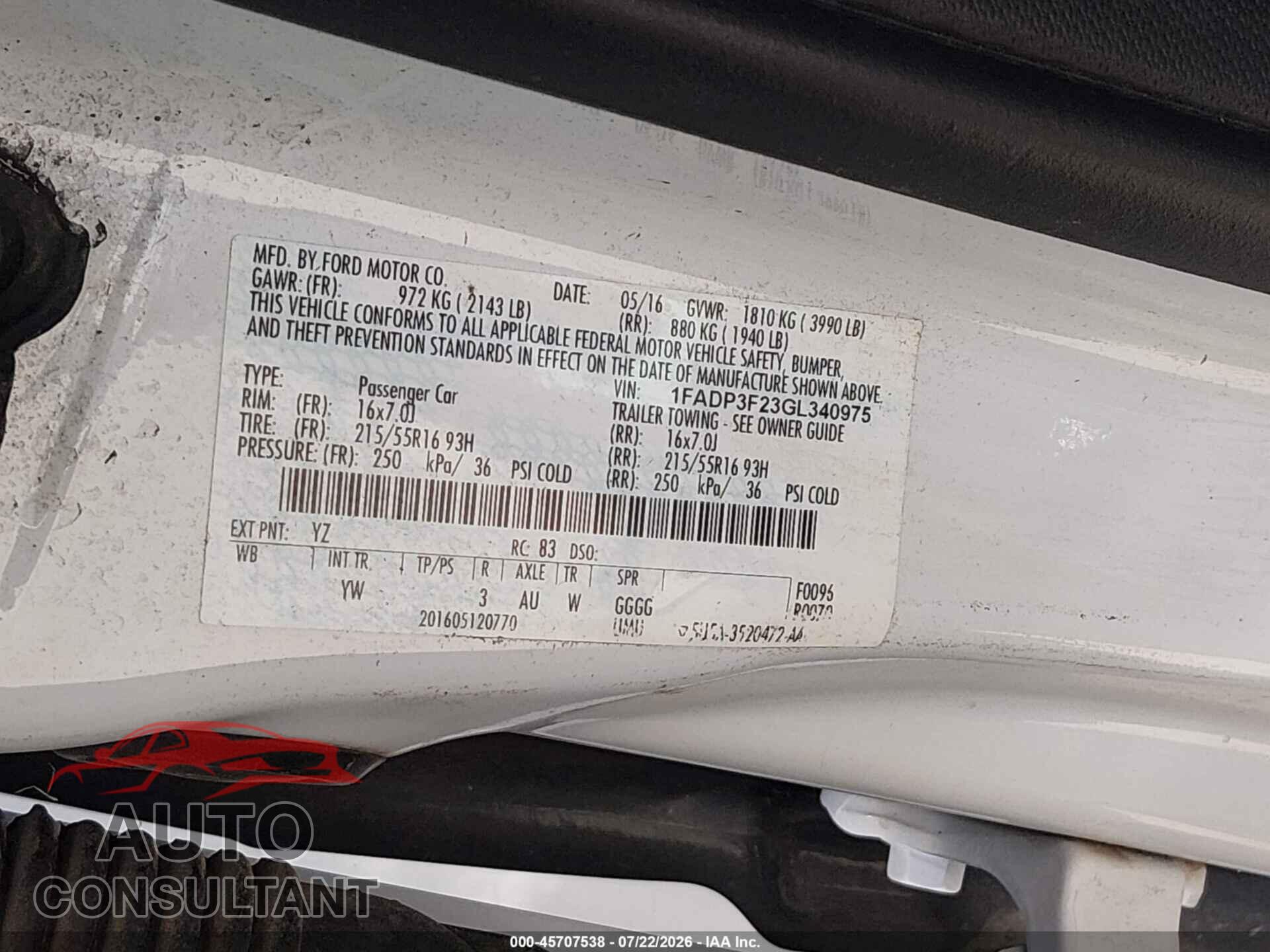 FORD FOCUS 2016 - 1FADP3F23GL340975