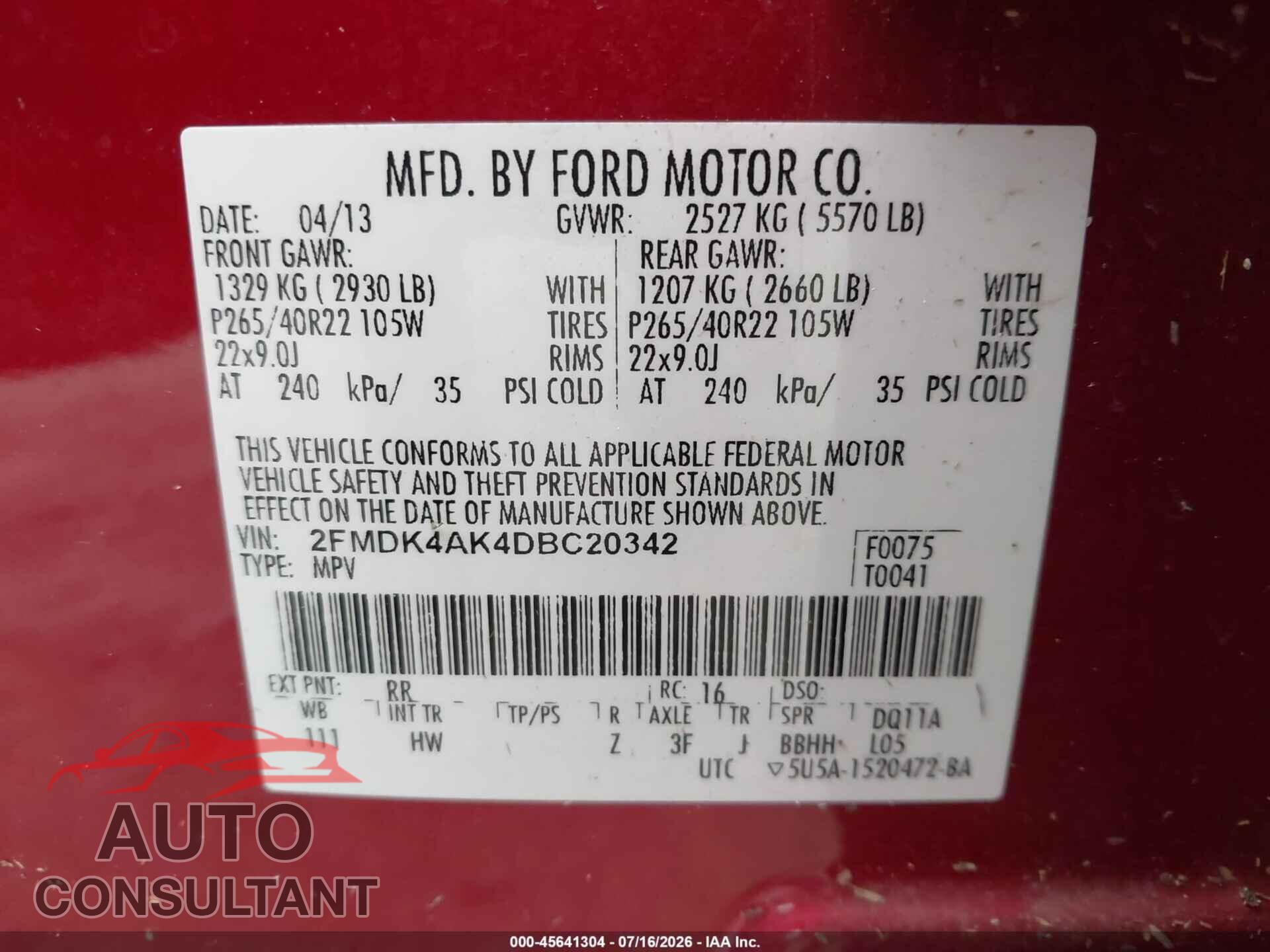 FORD EDGE 2013 - 2FMDK4AK4DBC20342