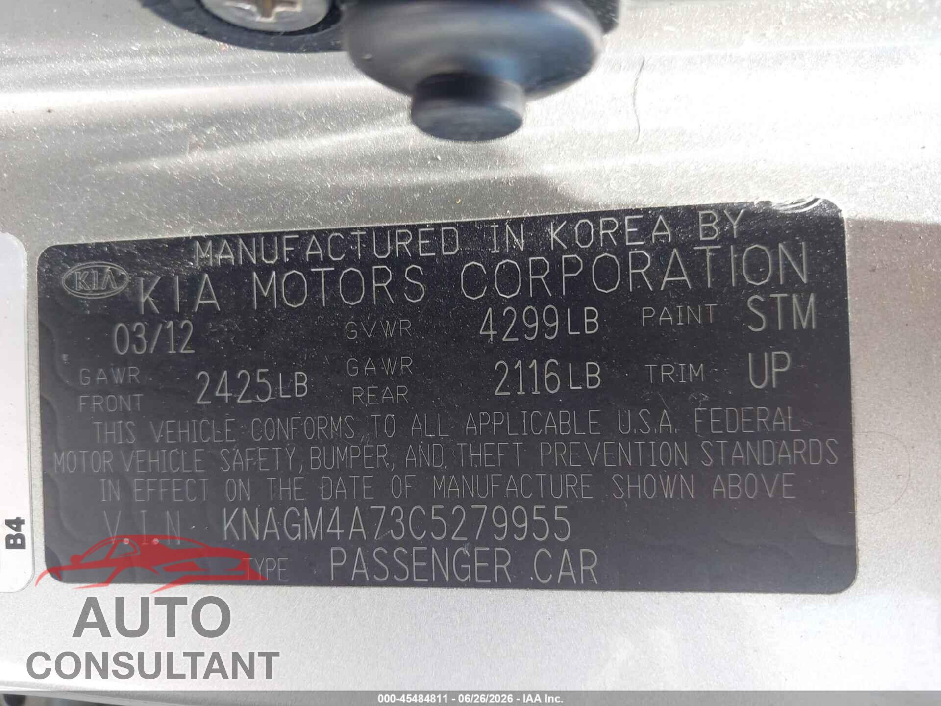 KIA OPTIMA 2012 - KNAGM4A73C5279955