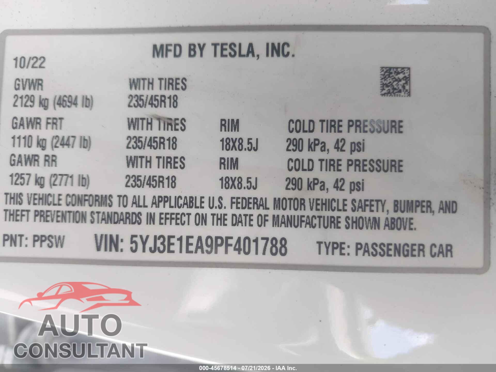 TESLA MODEL 3 2023 - 5YJ3E1EA9PF401788