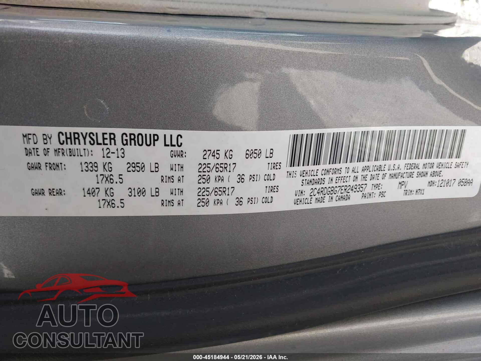 DODGE GRAND CARAVAN 2014 - 2C4RDGBG7ER249357