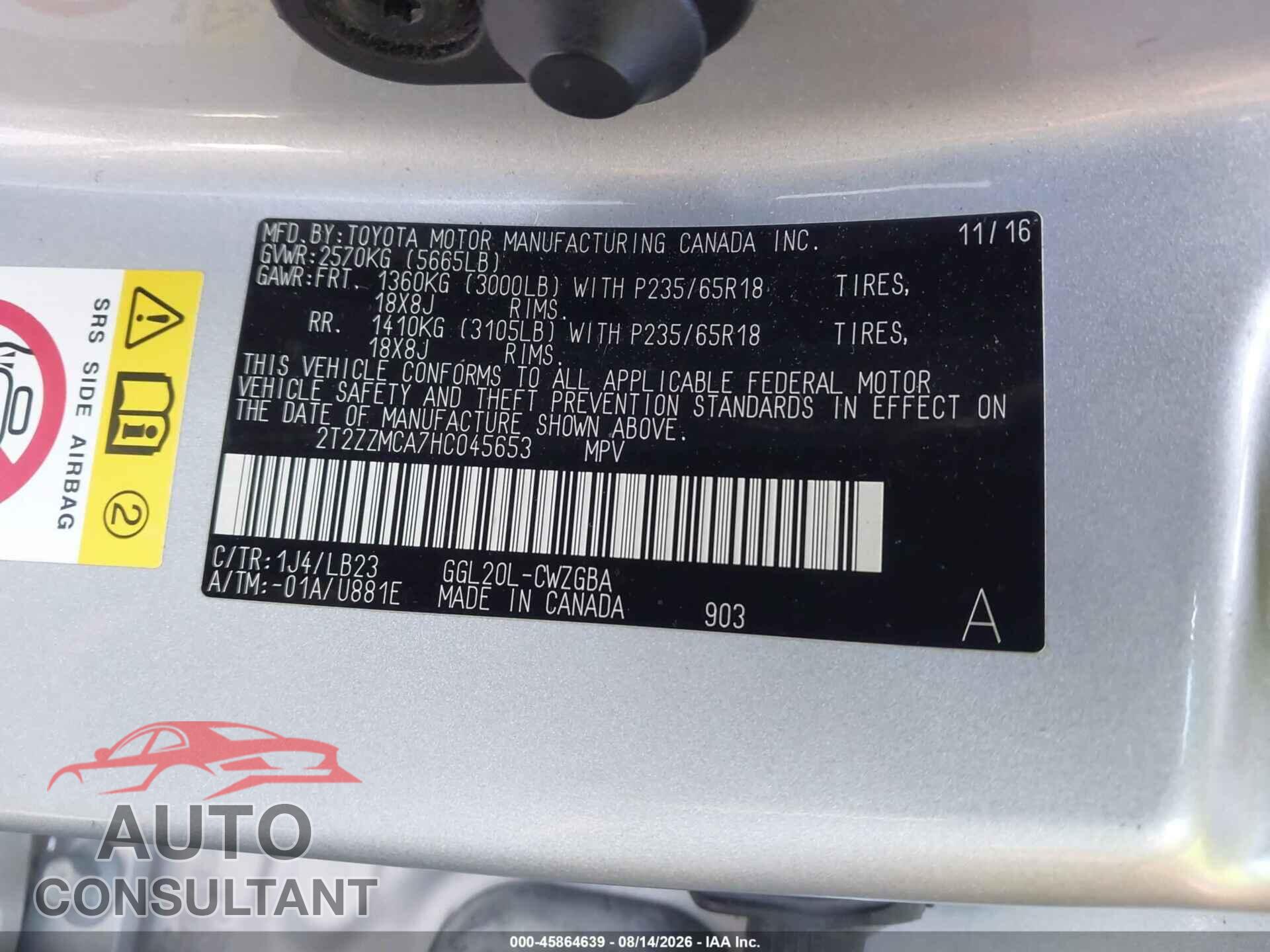 LEXUS RX 350 2017 - 2T2ZZMCA7HC045653