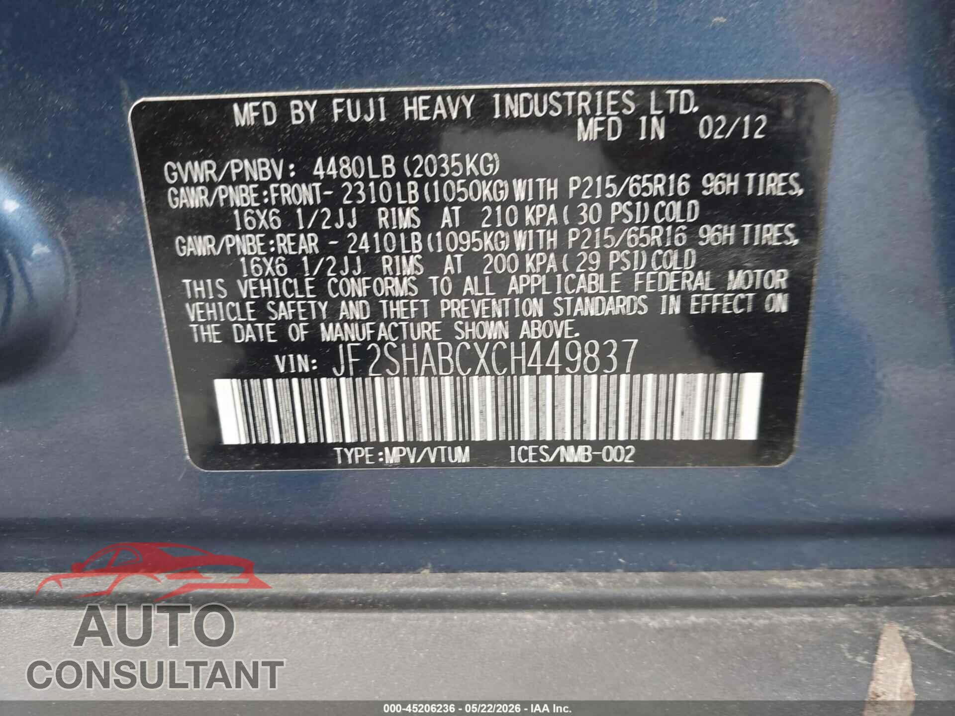 SUBARU FORESTER 2012 - JF2SHABCXCH449837