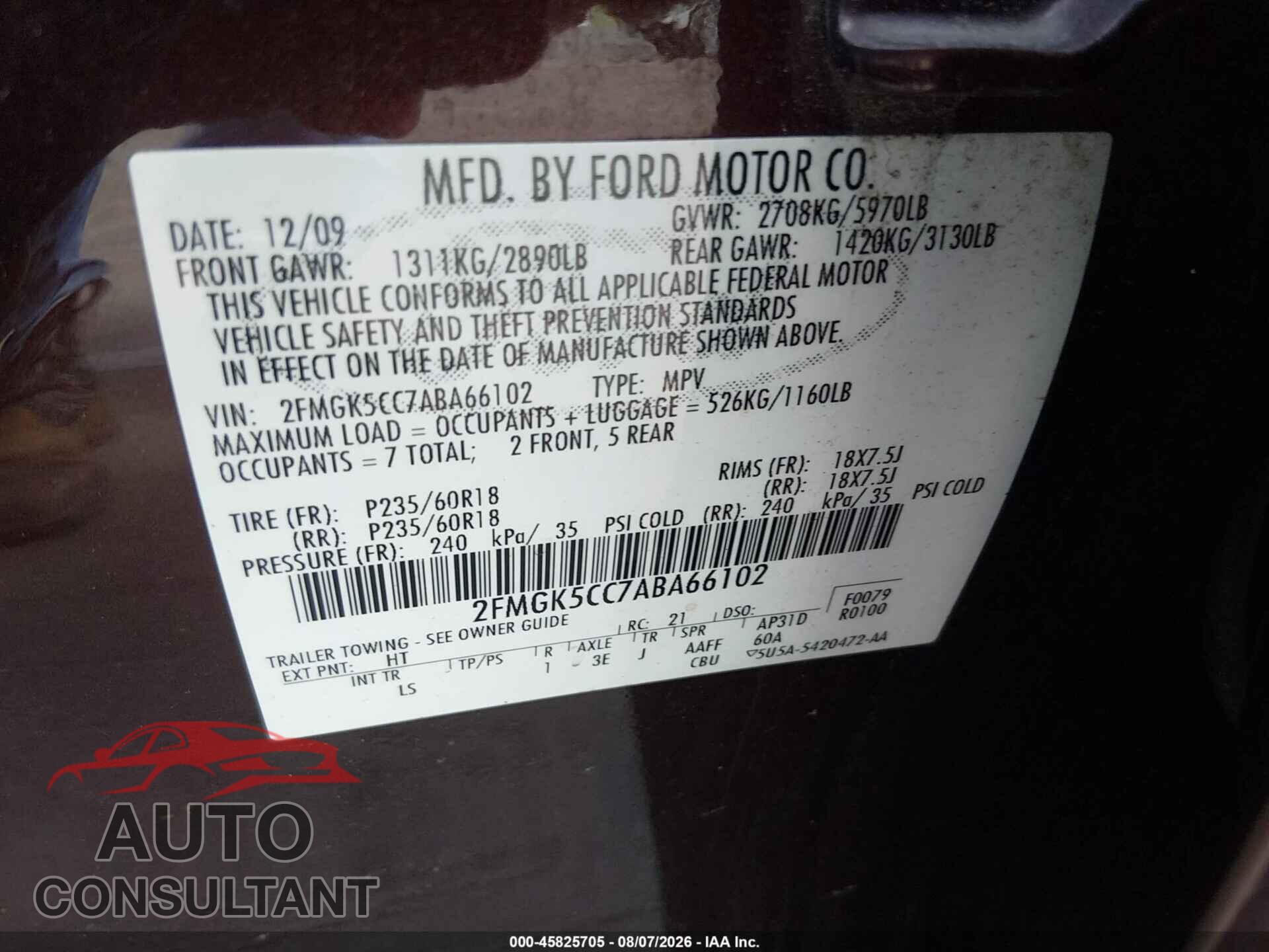 FORD FLEX 2010 - 2FMGK5CC7ABA66102