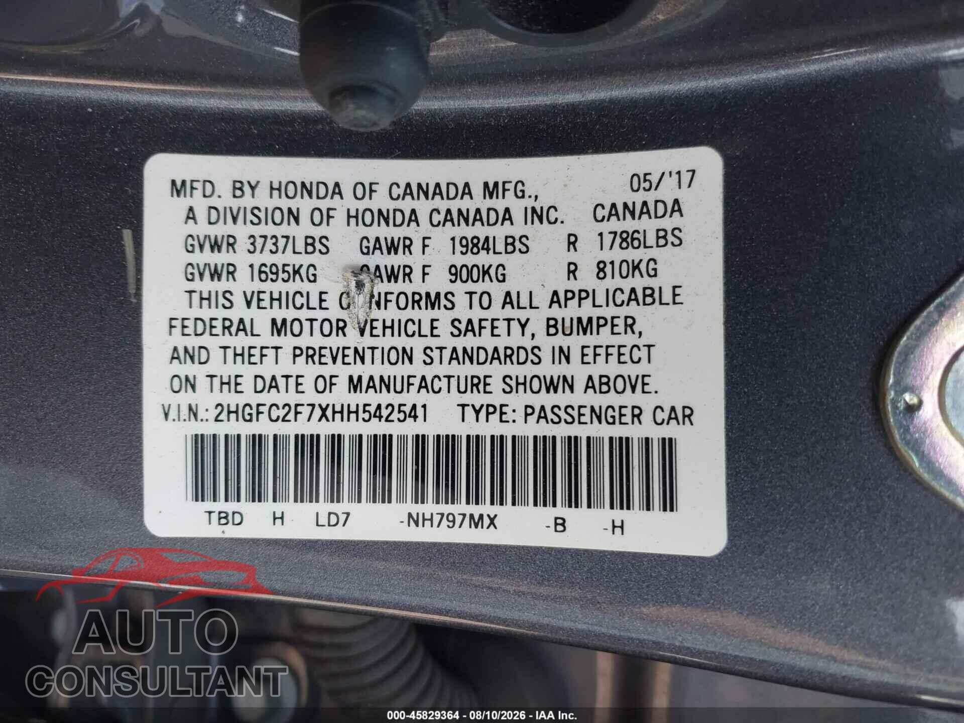 HONDA CIVIC 2017 - 2HGFC2F7XHH542541
