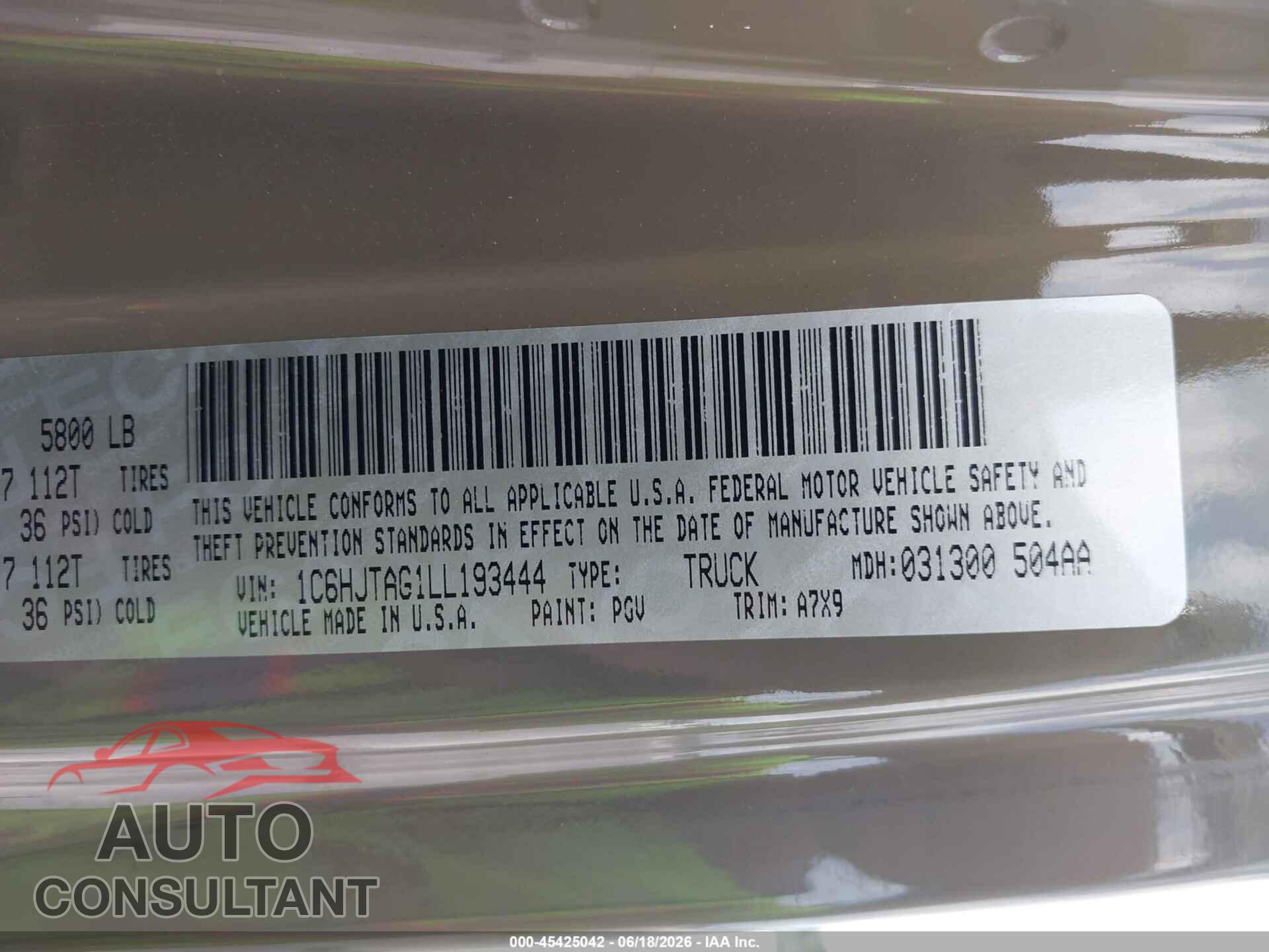 JEEP GLADIATOR 2020 - 1C6HJTAG1LL193444