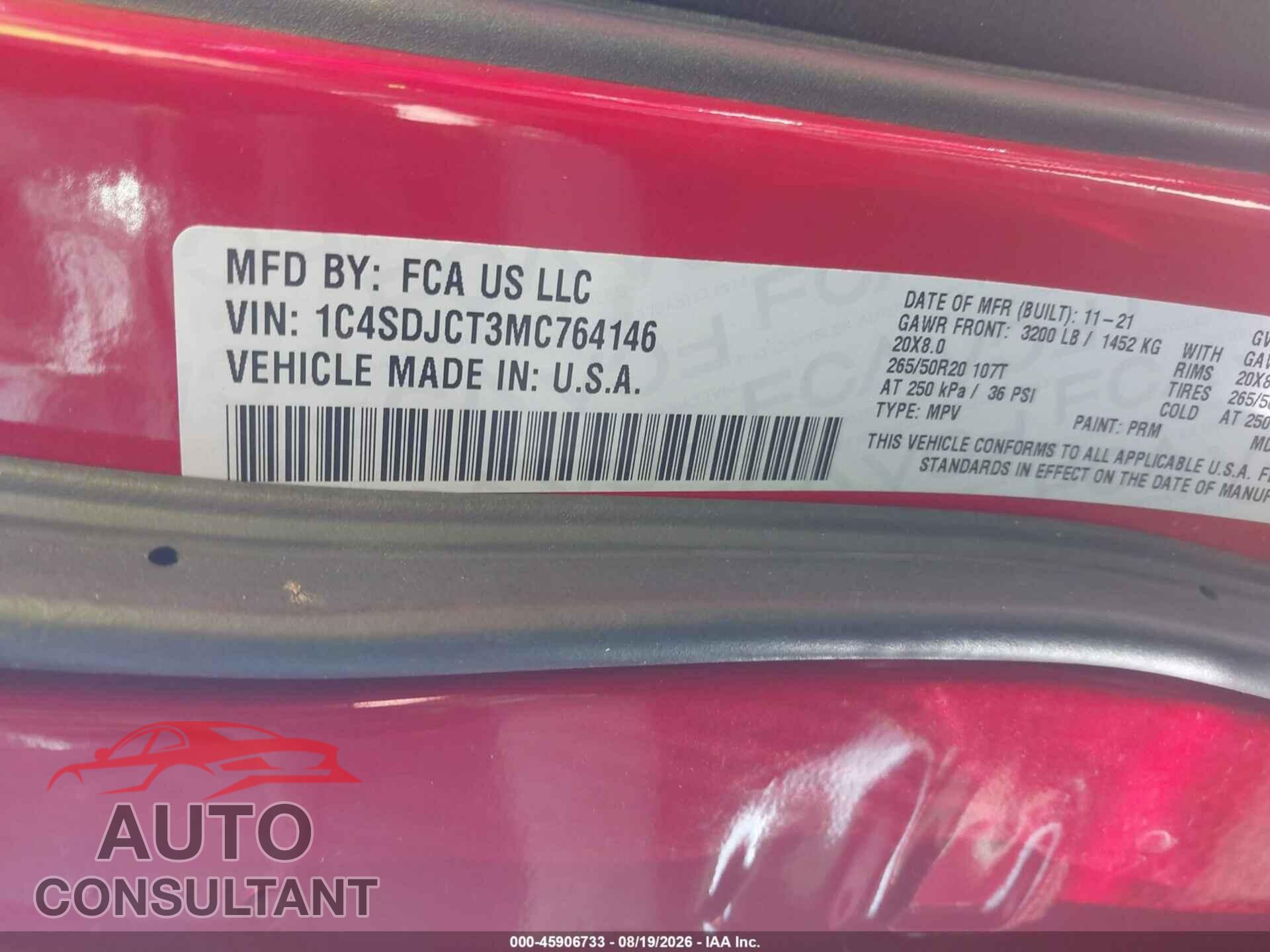 DODGE DURANGO 2021 - 1C4SDJCT3MC764146