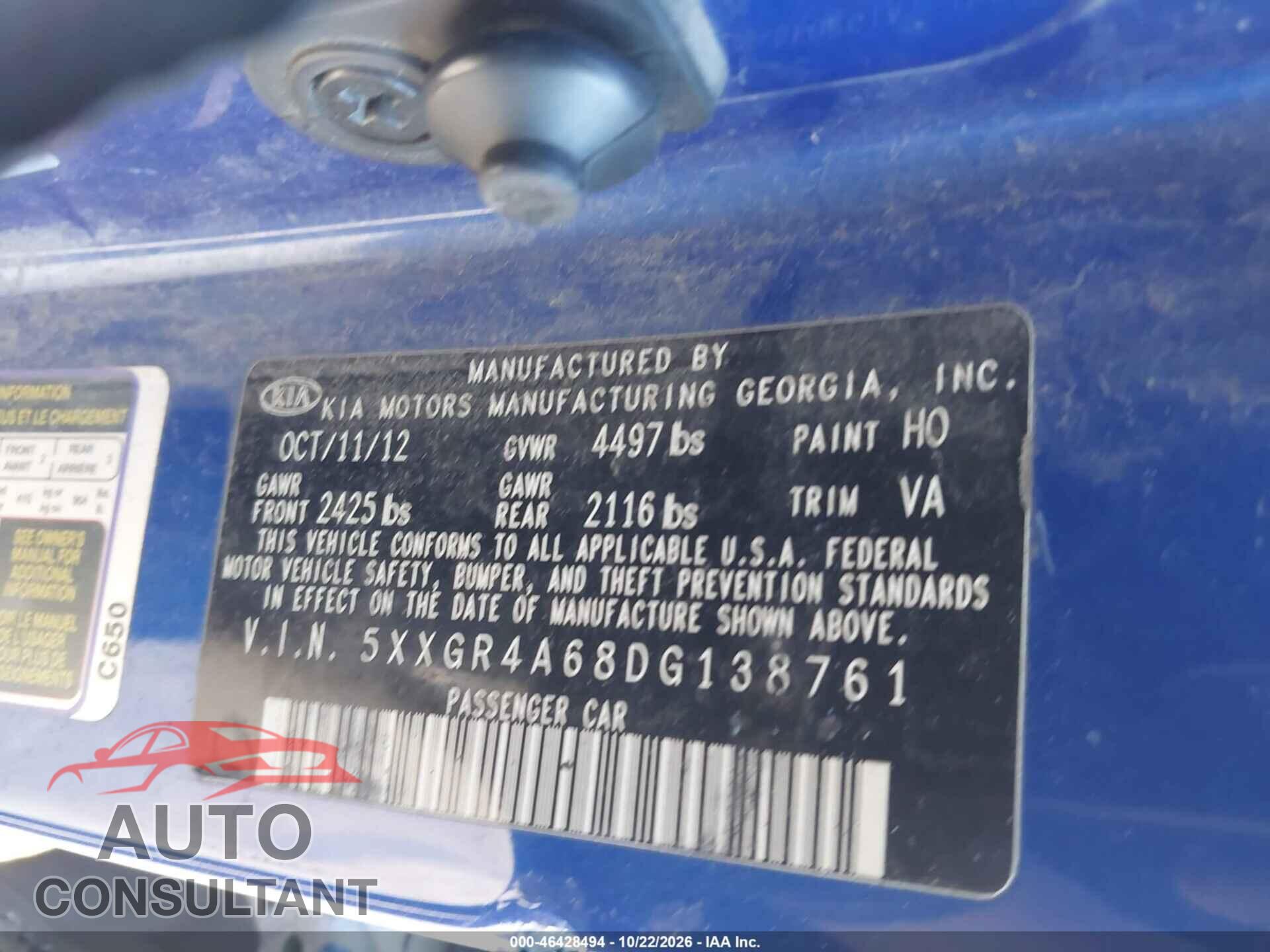 KIA OPTIMA 2013 - 5XXGR4A68DG138761