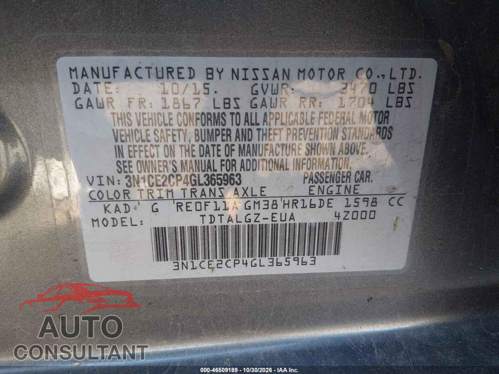 NISSAN VERSA NOTE 2016 - 3N1CE2CP4GL365963