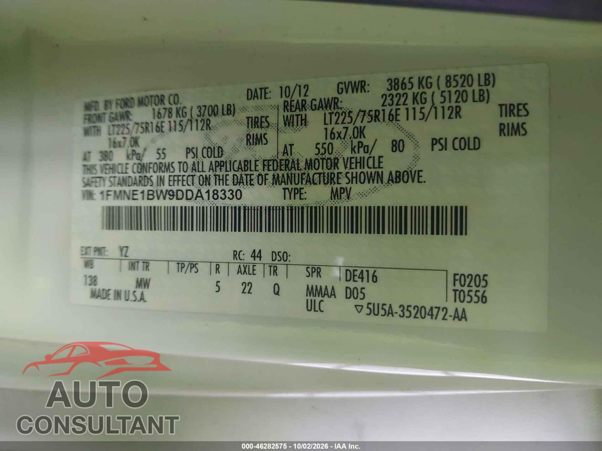 FORD E-150 2013 - 1FMNE1BW9DDA18330