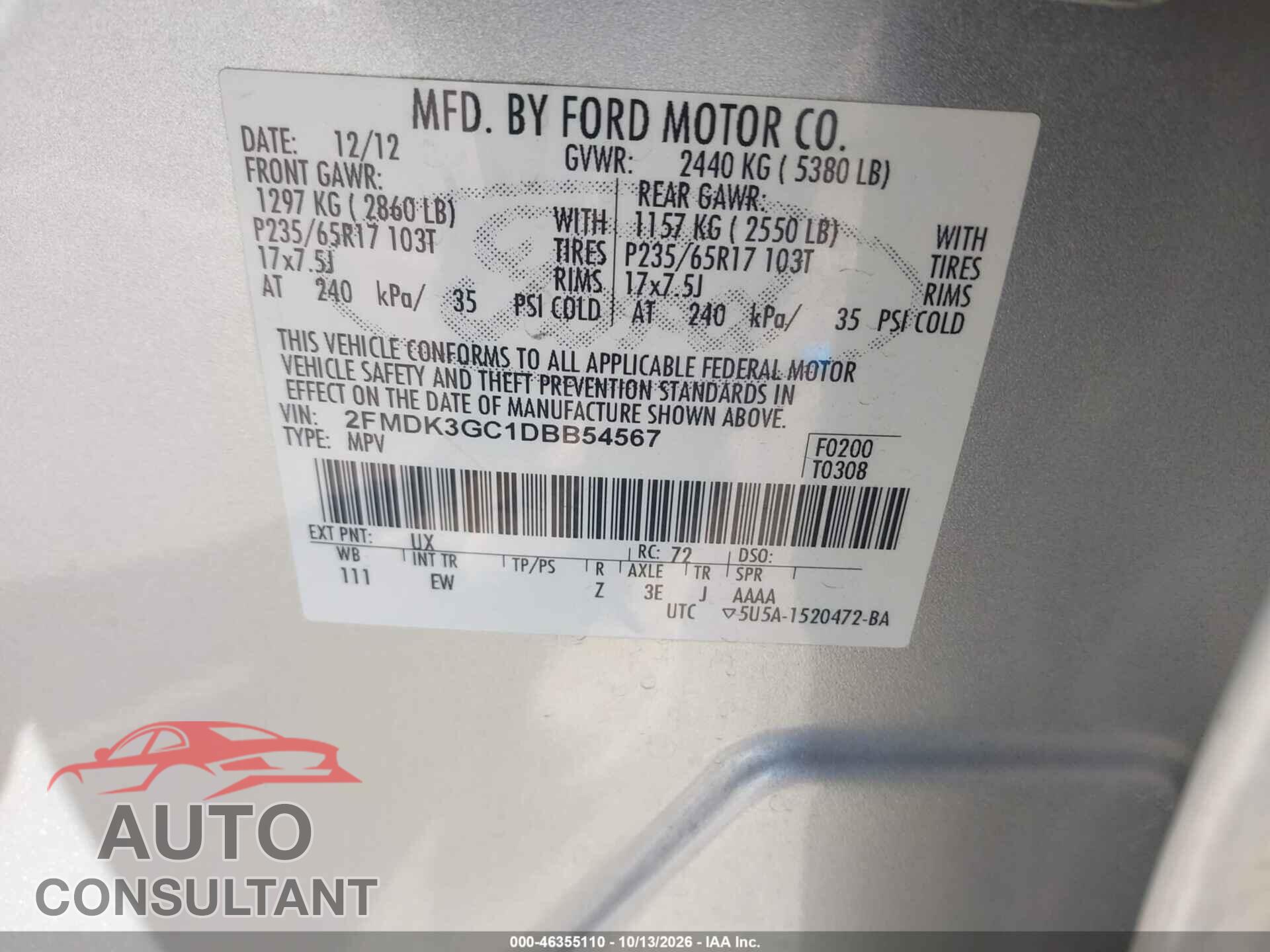 FORD EDGE 2013 - 2FMDK3GC1DBB54567