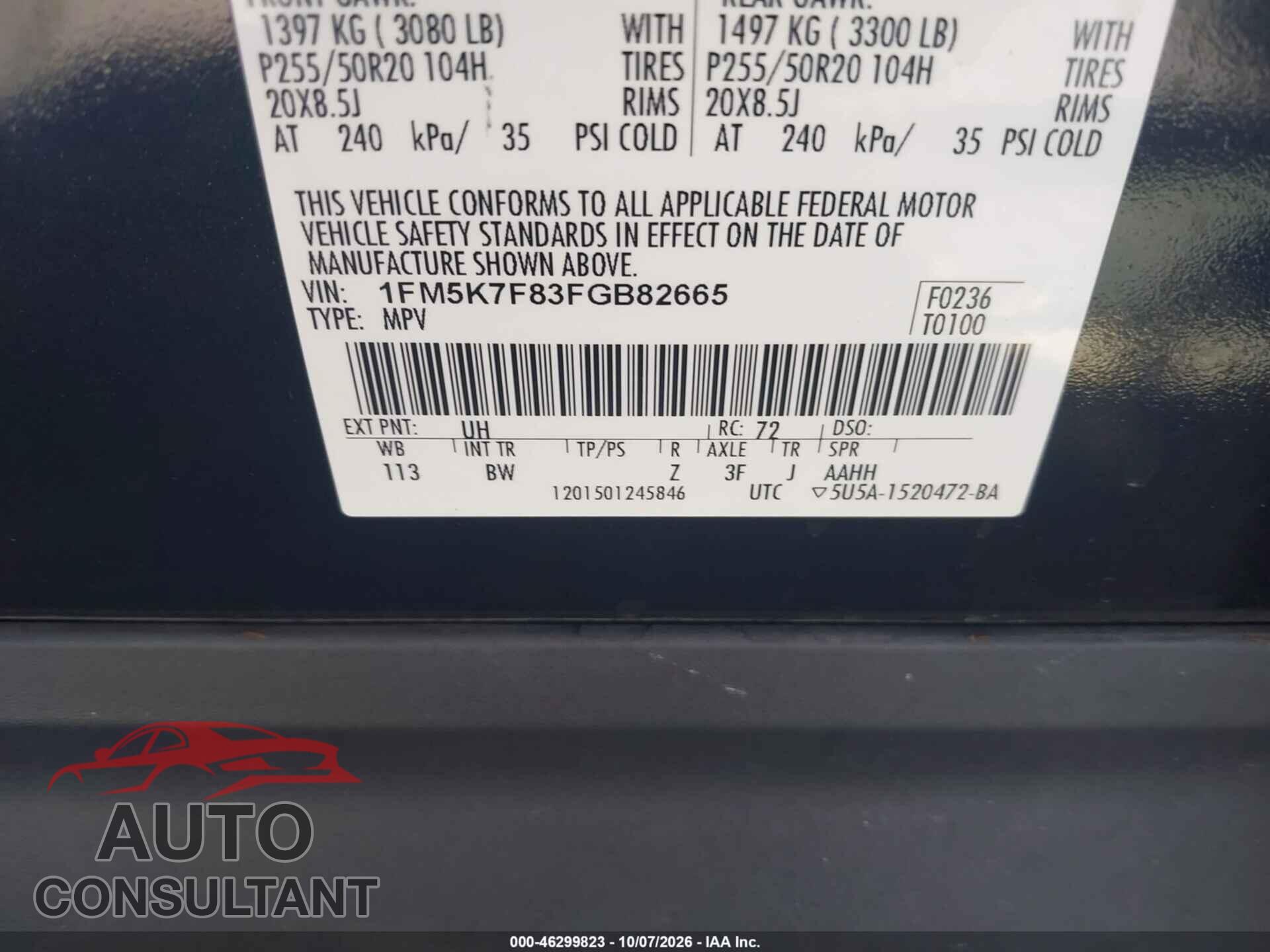 FORD EXPLORER 2015 - 1FM5K7F83FGB82665