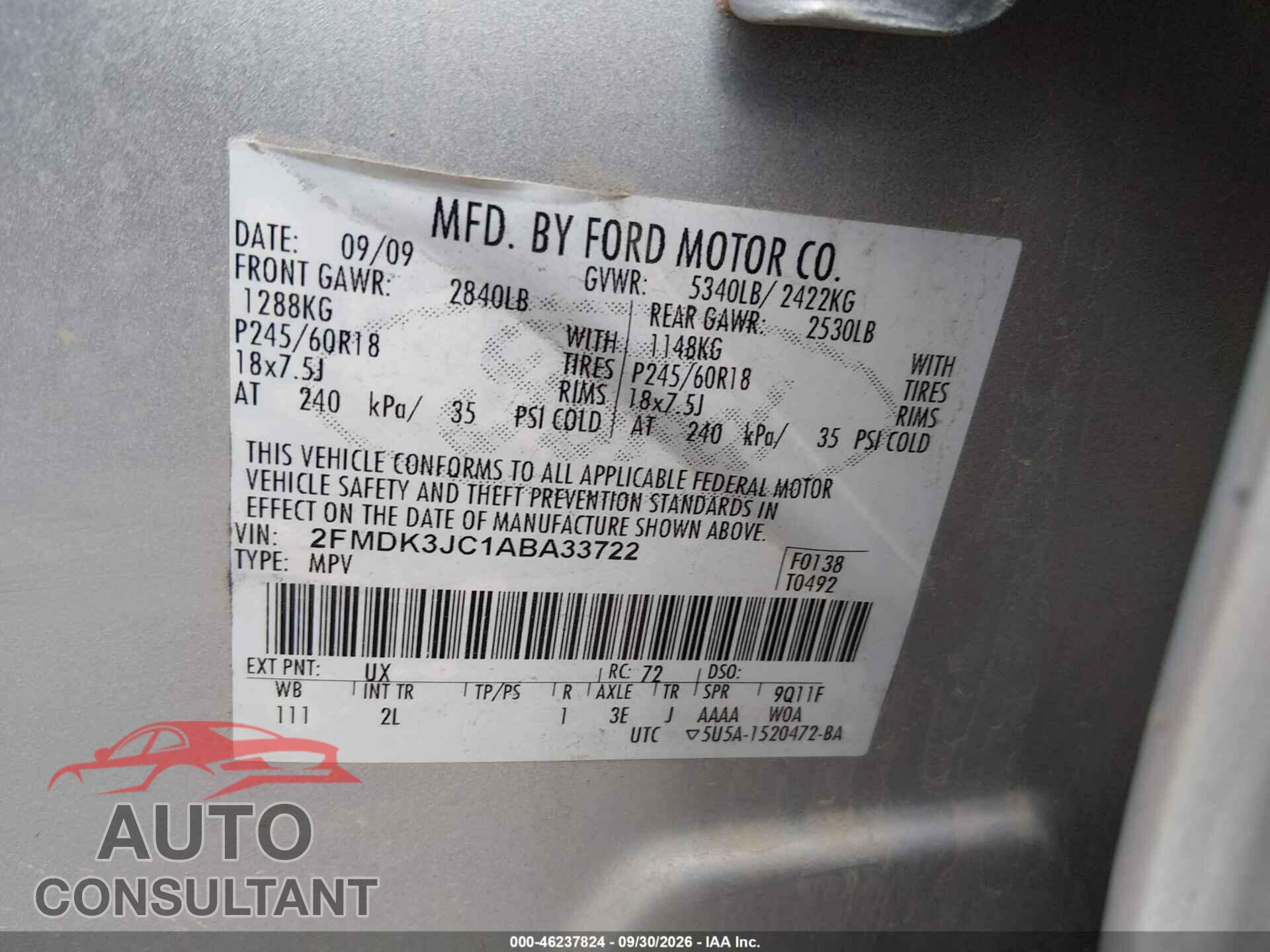 FORD EDGE 2010 - 2FMDK3JC1ABA33722