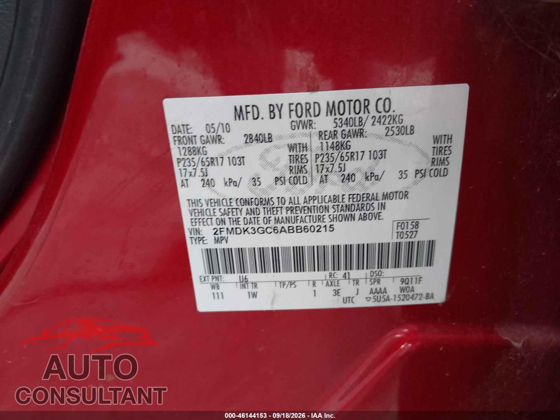 FORD EDGE 2010 - 2FMDK3GC6ABB60215
