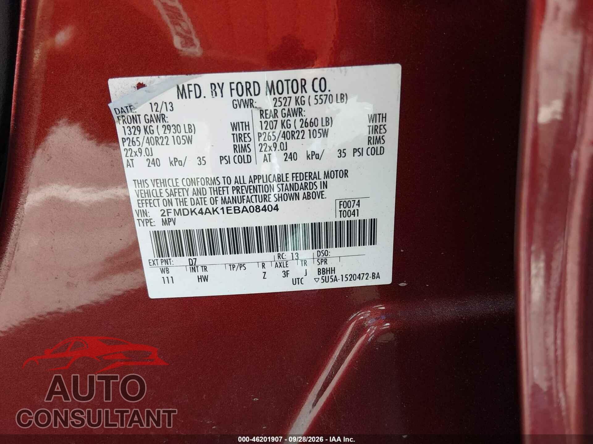 FORD EDGE 2014 - 2FMDK4AK1EBA08404