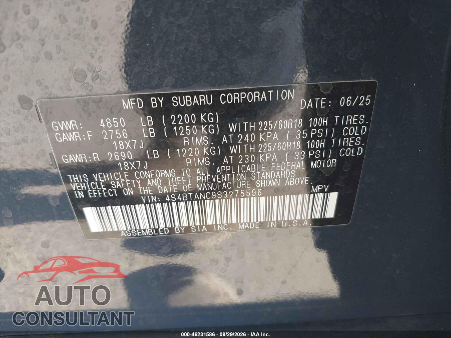 SUBARU OUTBACK 2025 - 4S4BTANC9S3275596