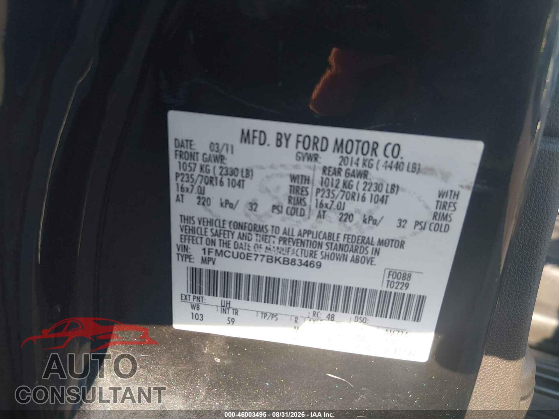 FORD ESCAPE 2011 - 1FMCU0E77BKB83469