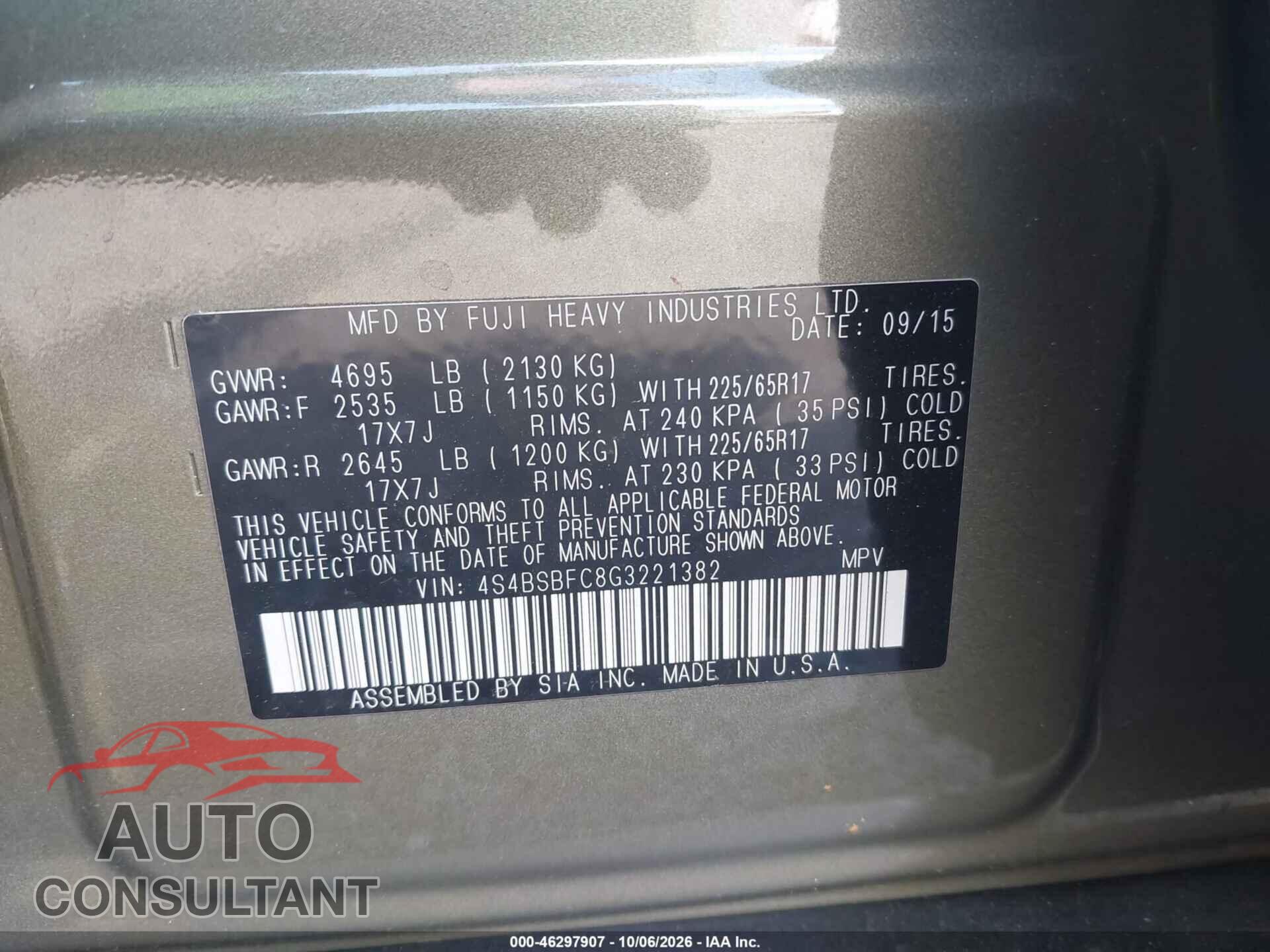 SUBARU OUTBACK 2016 - 4S4BSBFC8G3221382