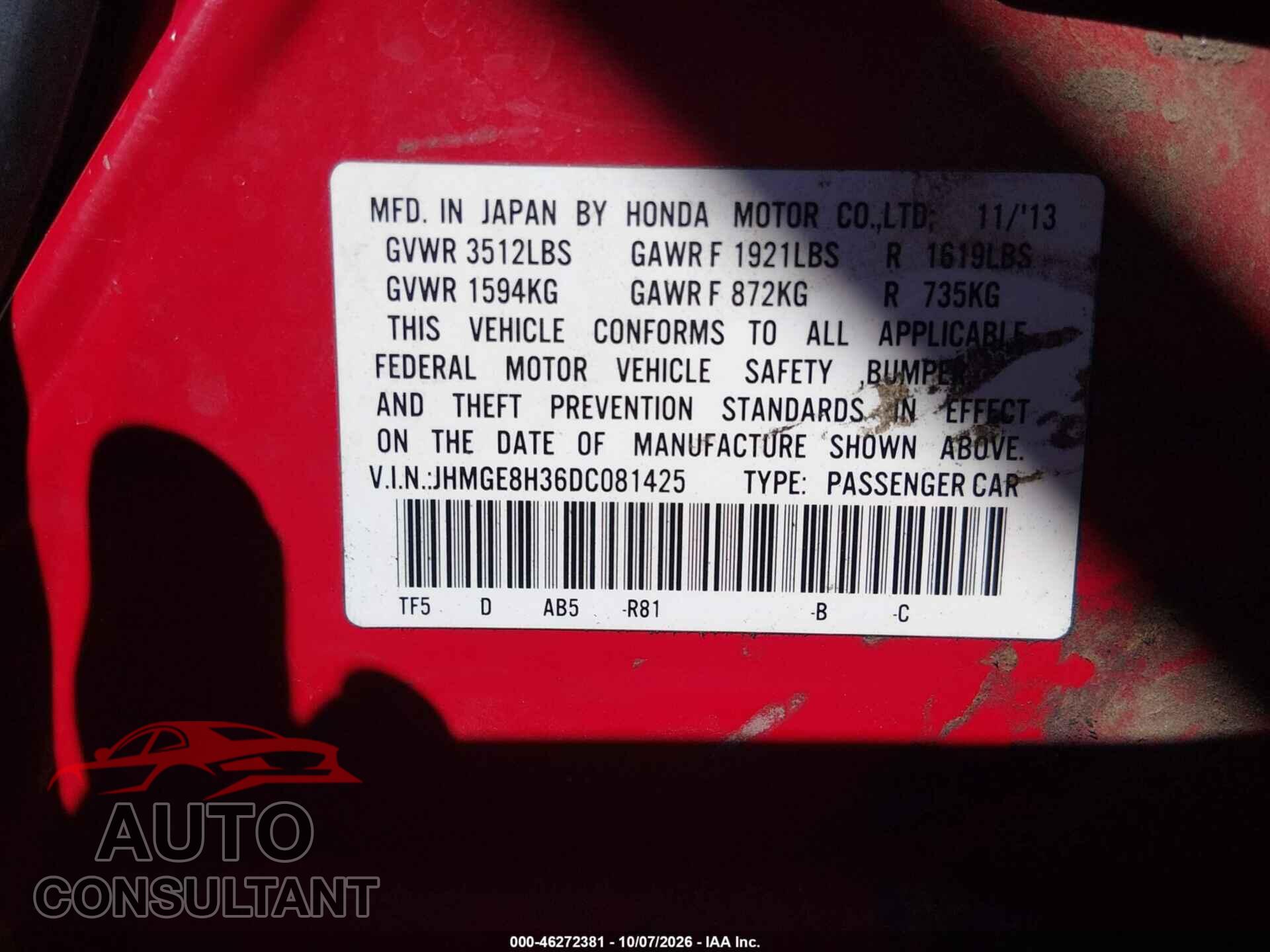 HONDA FIT 2013 - JHMGE8H36DC081425