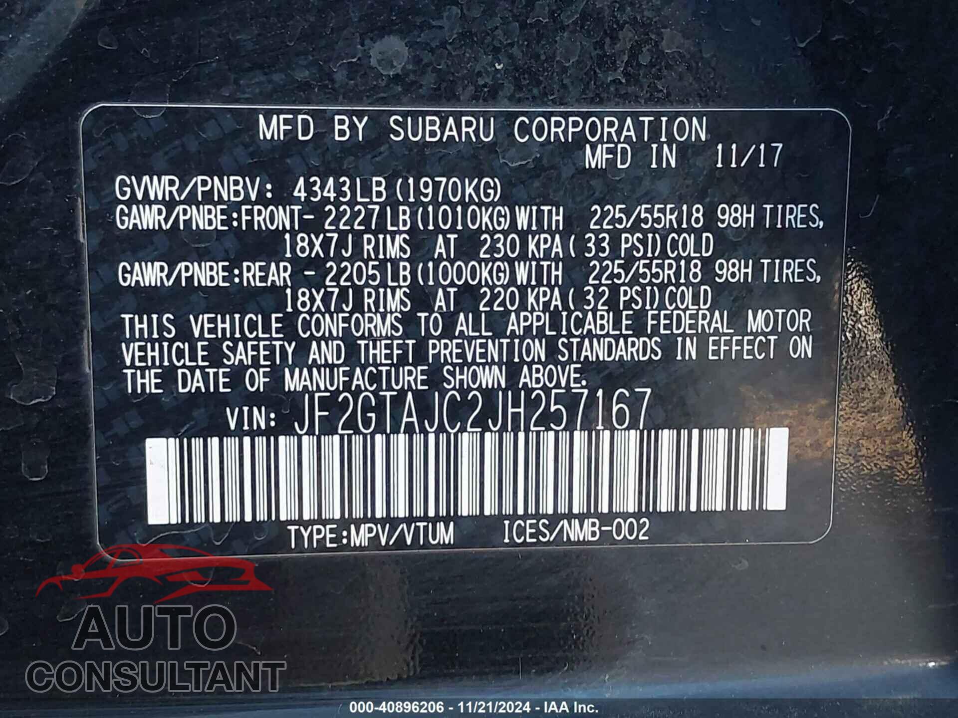 SUBARU CROSSTREK 2018 - JF2GTAJC2JH257167