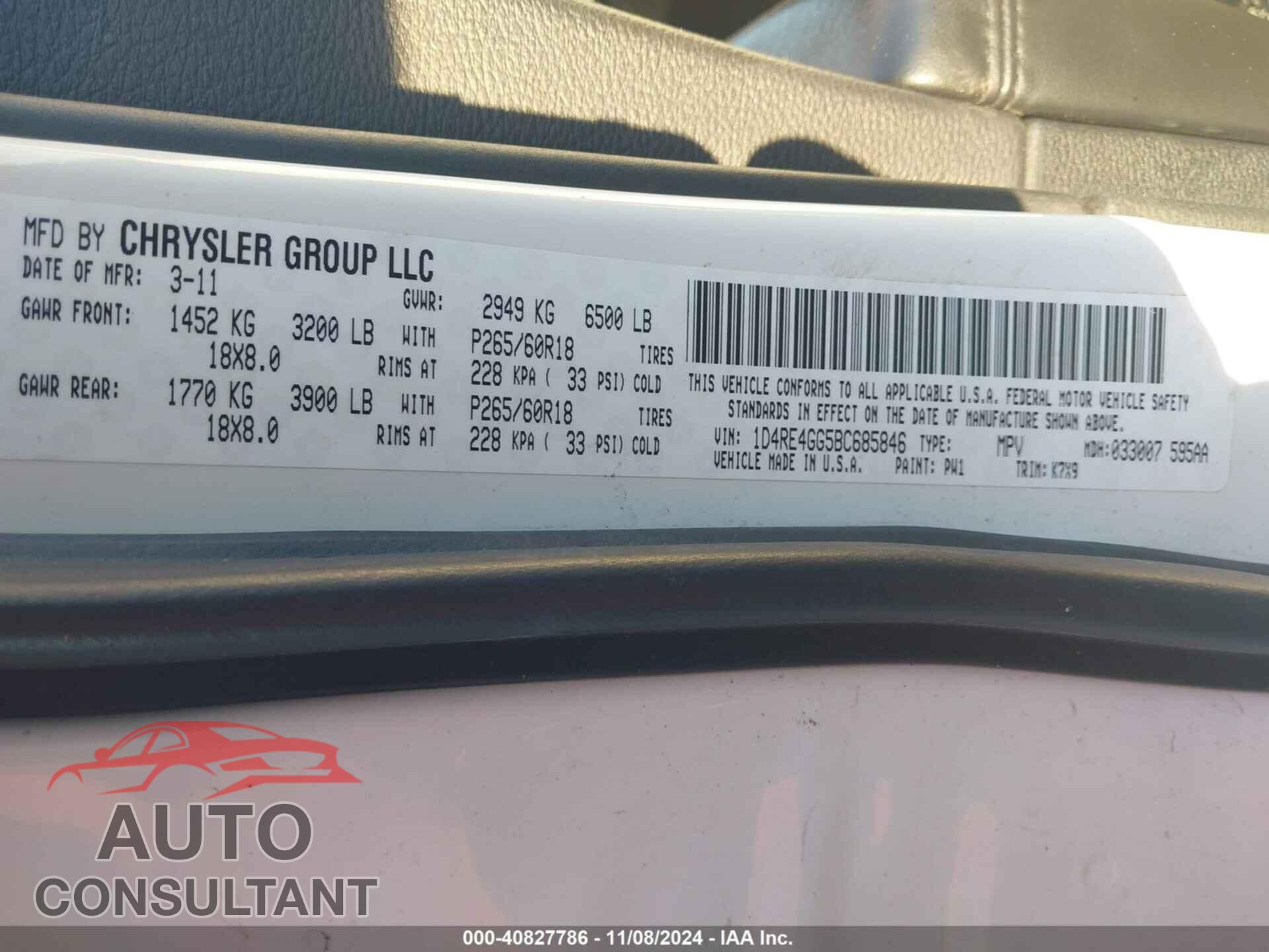 DODGE DURANGO 2011 - 1D4RE4GG5BC685846