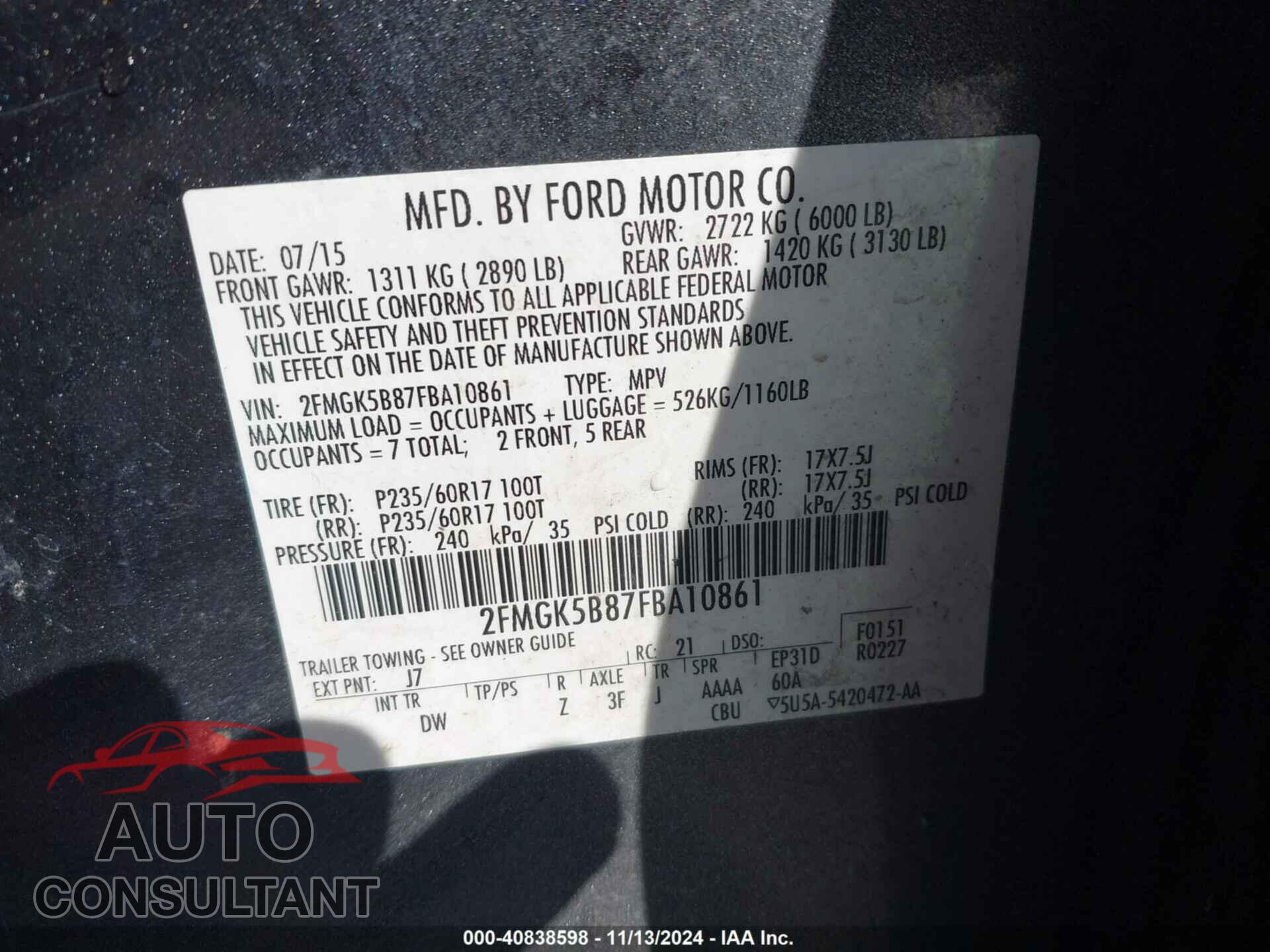 FORD FLEX 2015 - 2FMGK5B87FBA10861