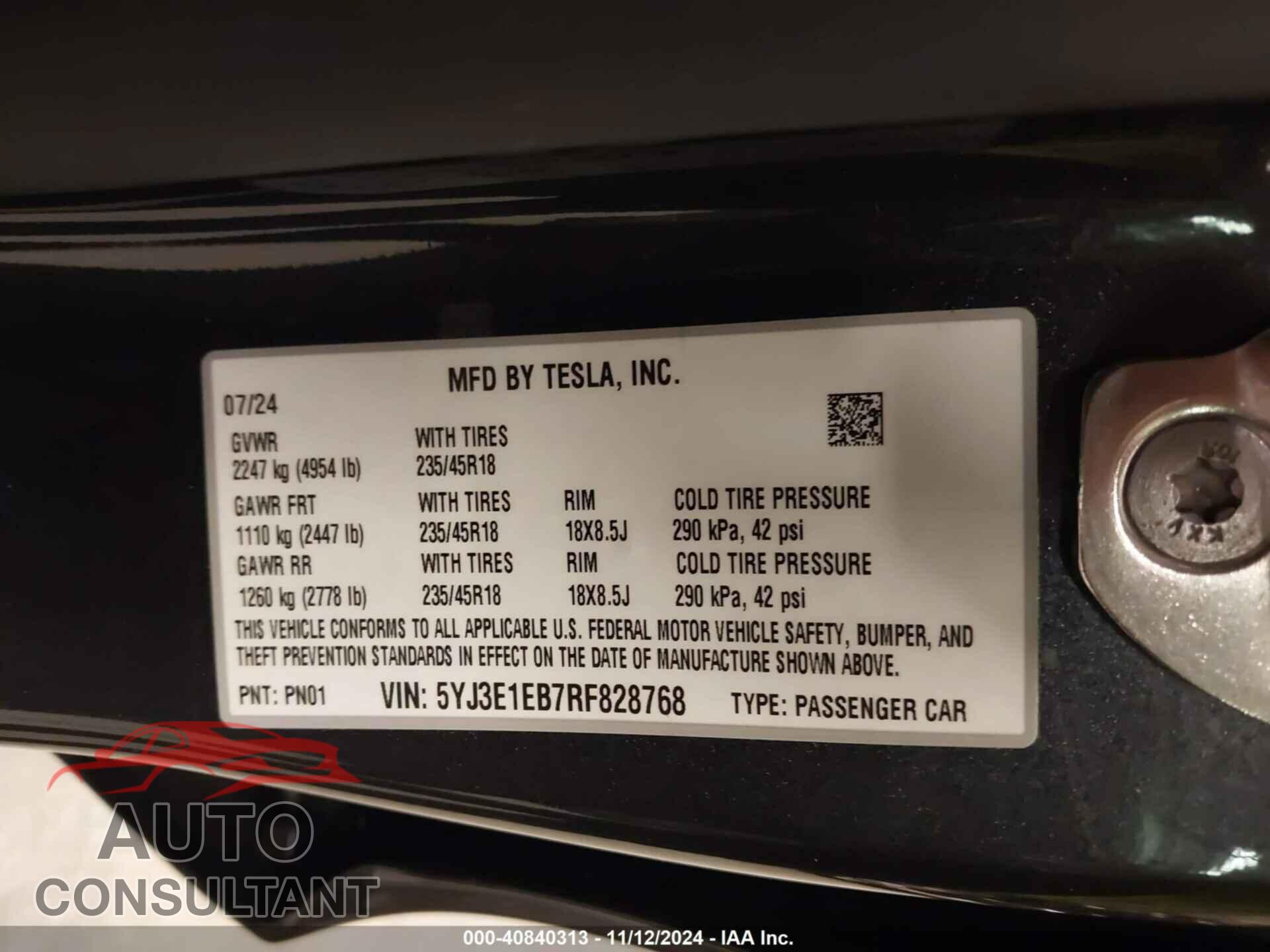TESLA MODEL 3 2024 - 5YJ3E1EB7RF828768