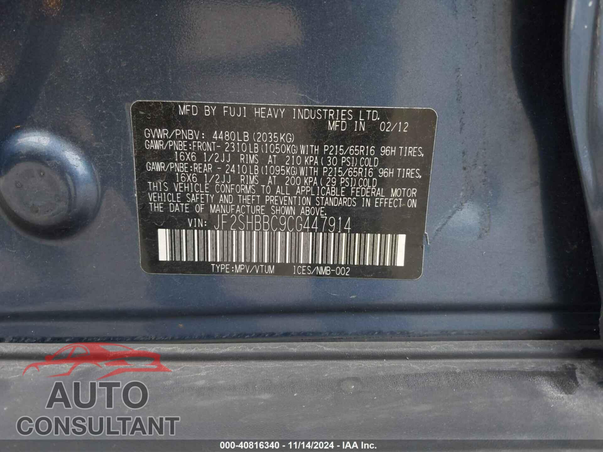 SUBARU FORESTER 2012 - JF2SHBBC9CG447914